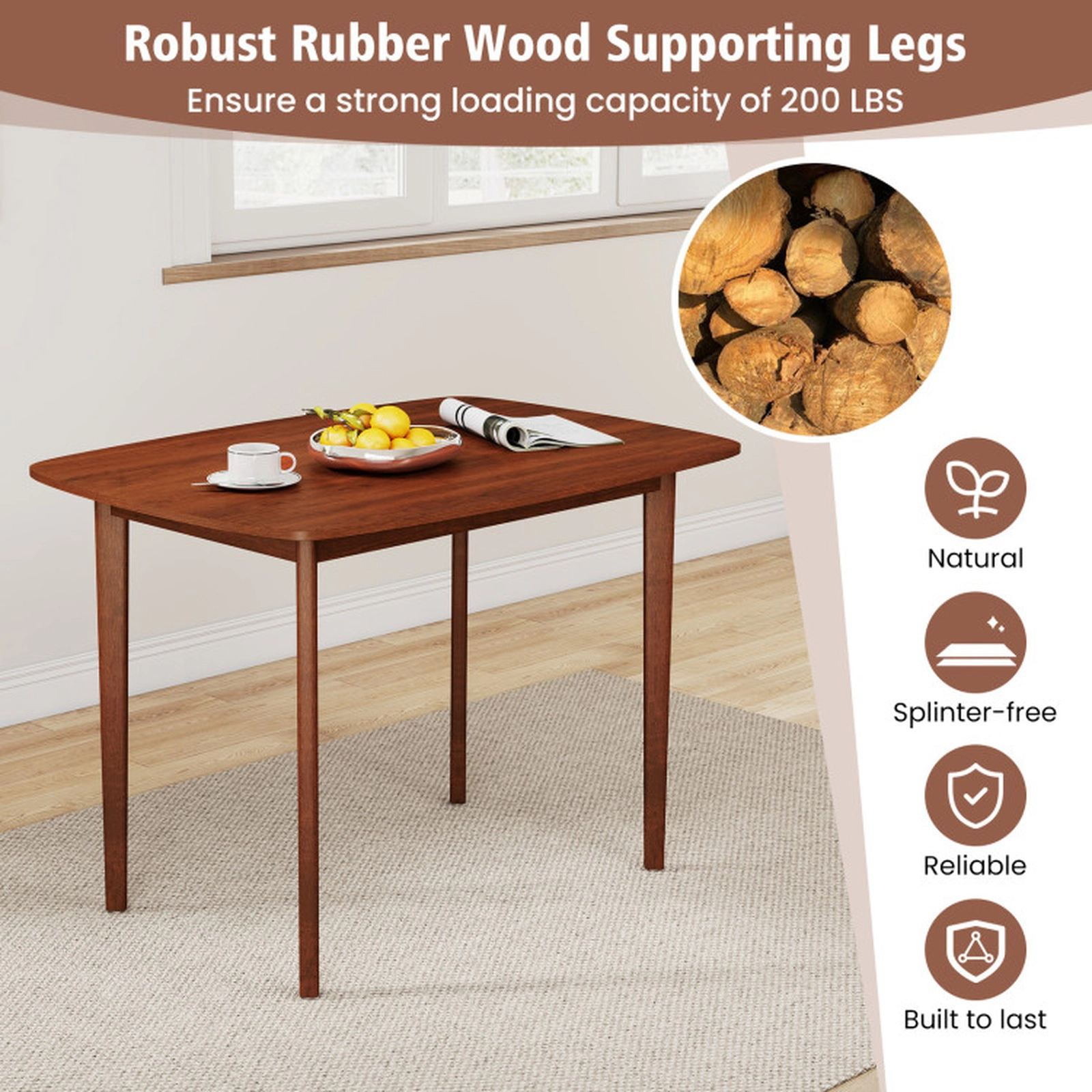 SUGIFT 43-In Walnut Rectangular Dining Table for 4, Wood Table with Rubber Wood Legs