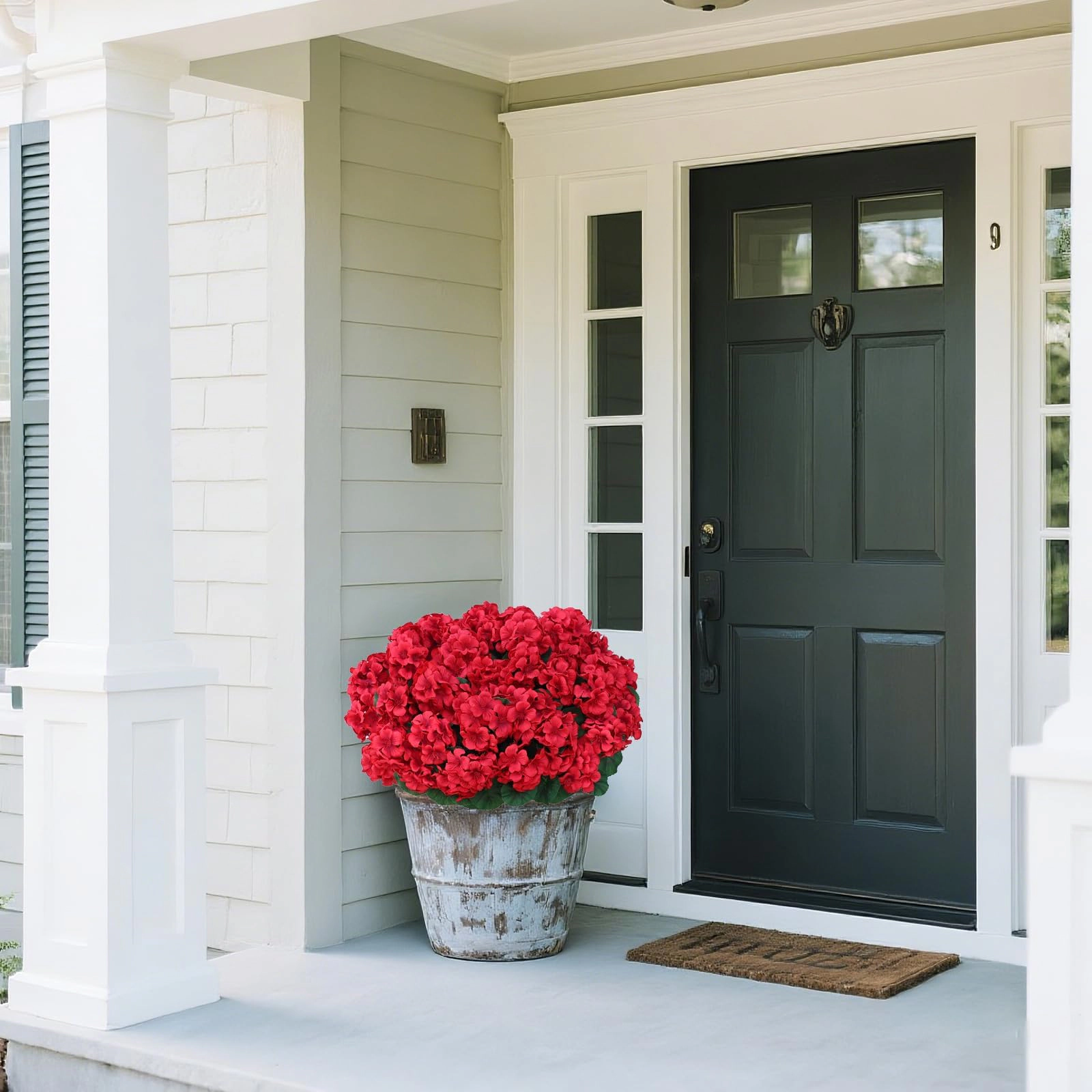 PUPWE 8 18"artificial Geranium Flowers Bouquet For Front Door Decor(red)