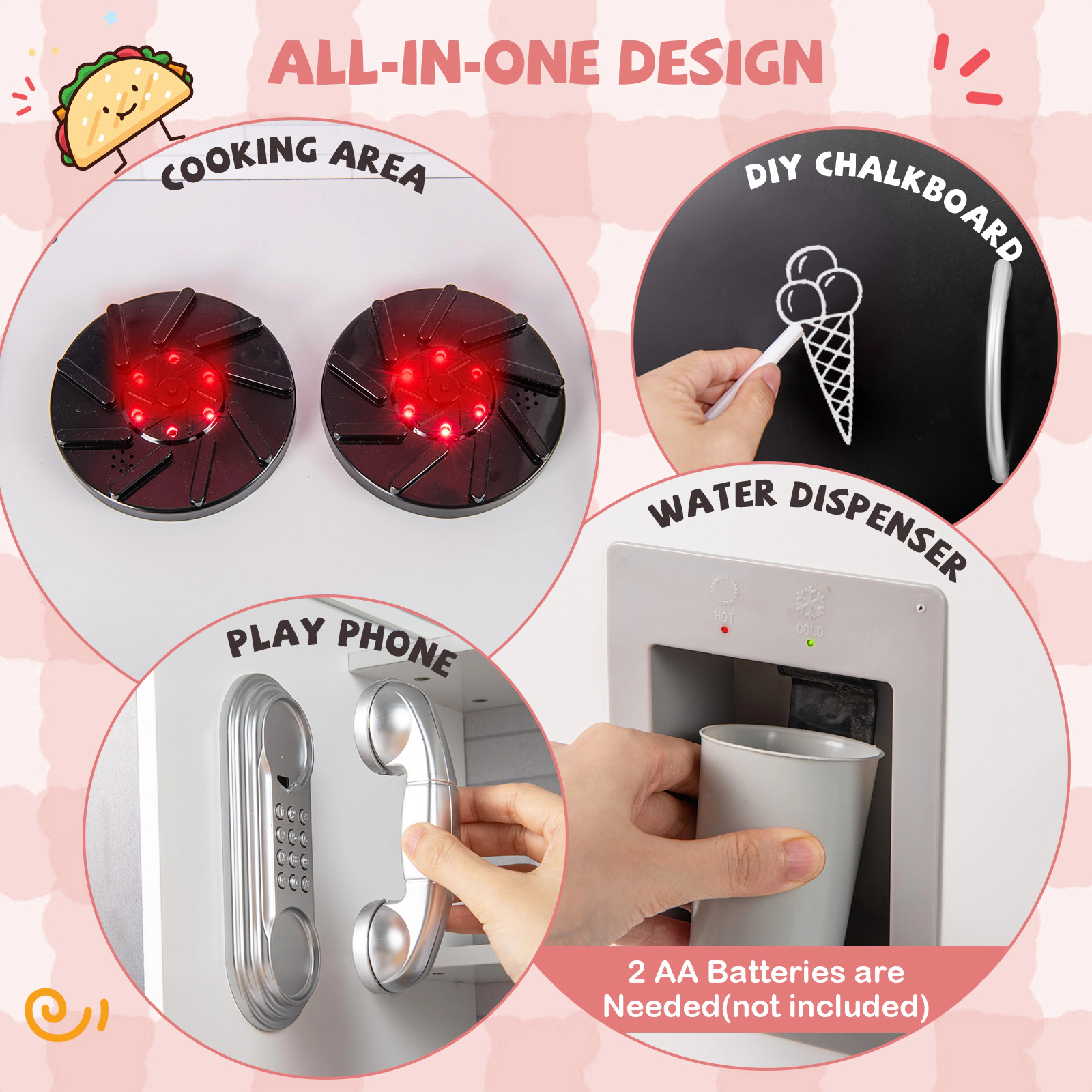 Pretend Play Kitchen for Kids Lighted Water Dispenser Dishwasher Chalkboard Utensils 36-in x 12-in x 39-in Silver