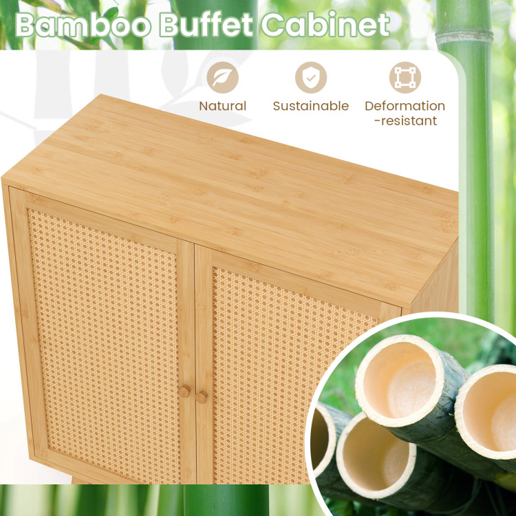 Hivvago Freestanding Bamboo Buffet with Woven PE Rattan Doors and Ample Storage