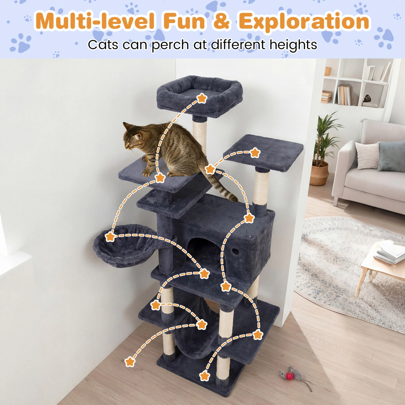 SUGIFT Multi-Level 63-in Tall Cat Tree Tower with Condo Hammock Perches 19 x 19 in Base Dark Gray