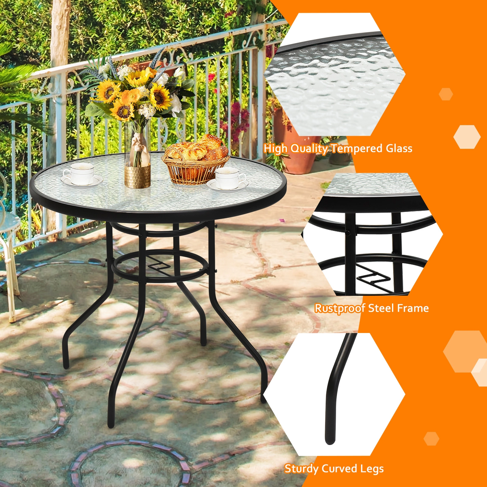 SUGIFT 32-Inch Round Outdoor Patio Dining Table, Tempered Glass Top, Umbrella Hole, Black Steel Frame