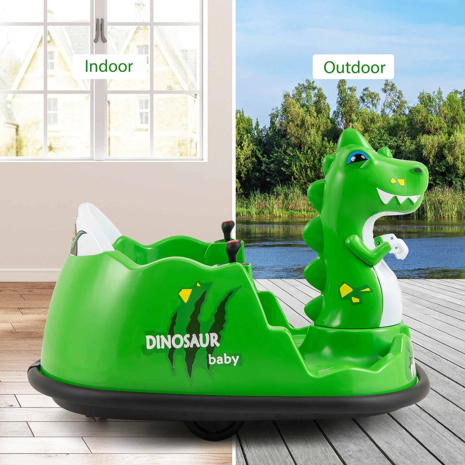 12V Kids Ride On Bumper Car Mist Spray Flashing Lights 360-Degree Spin Twin Control Levers Ages 2-5 Green