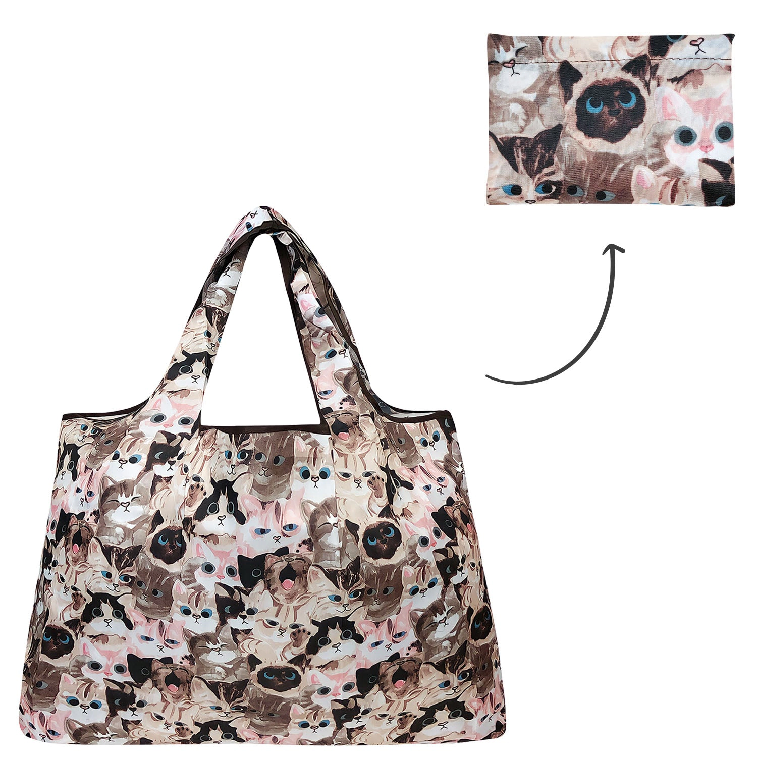 Wrapables Large Nylon Reusable Shopping Bag for Groceries, Cuddly Kitties