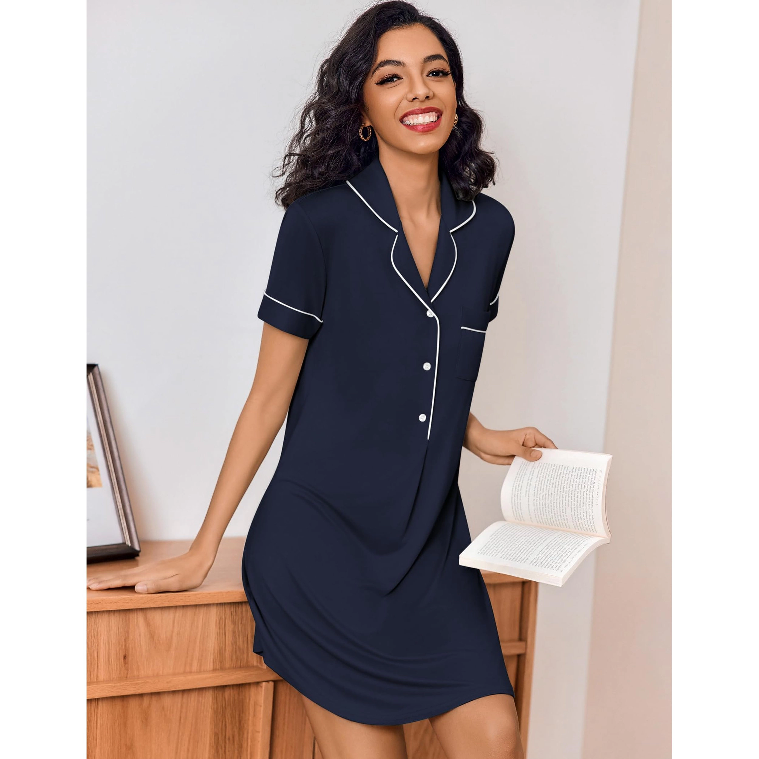 Ekouaer Women's V Neck Short Sleeve Button Down Pajama Nightdress