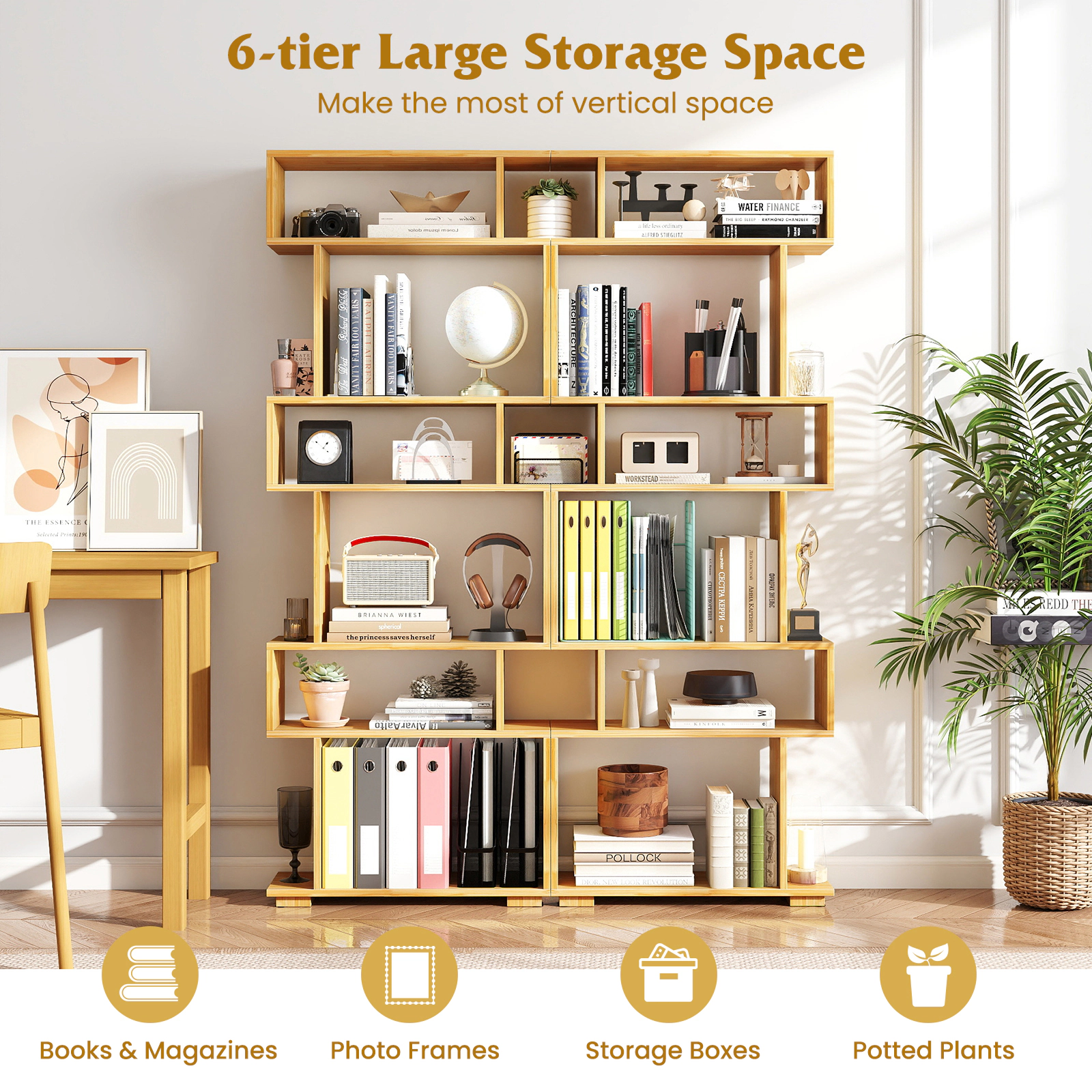 SUGIFT Wood 6-Tier Geometric S-Shaped Bookshelf 64 in with 2 Anti-Tipping Kits