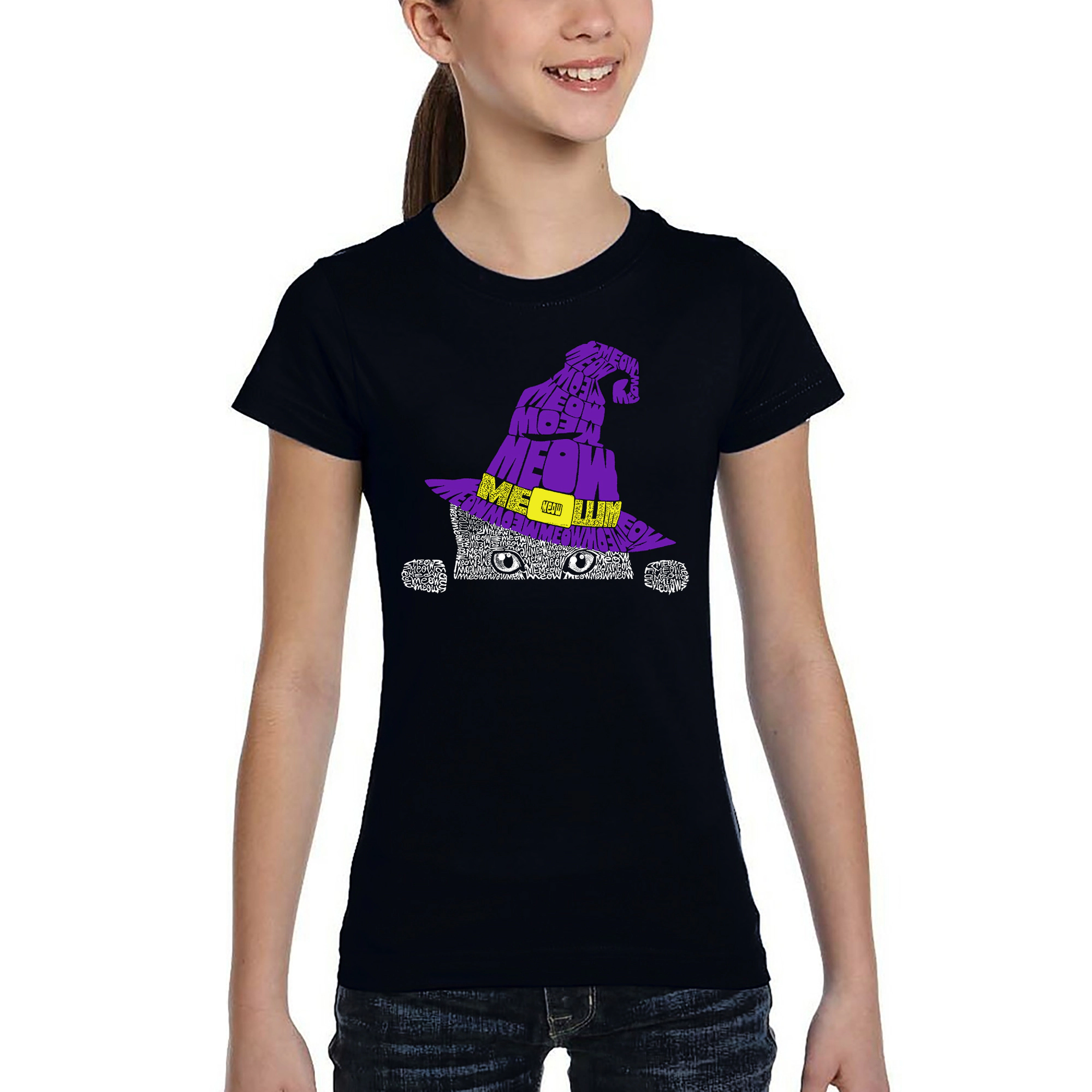 LA Pop Art Girls Word T-Shirt - Peeking Witch Cat