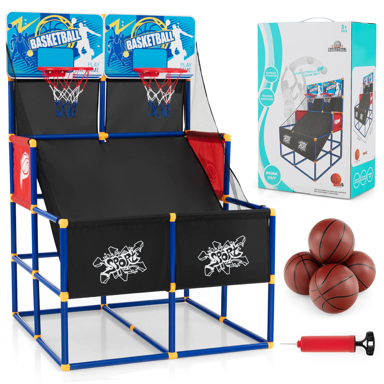 SUGIFT 55-in Kids Arcade Basketball Game Set with Dual Hoops Blocking Net 4 Basketballs and Ball Pump