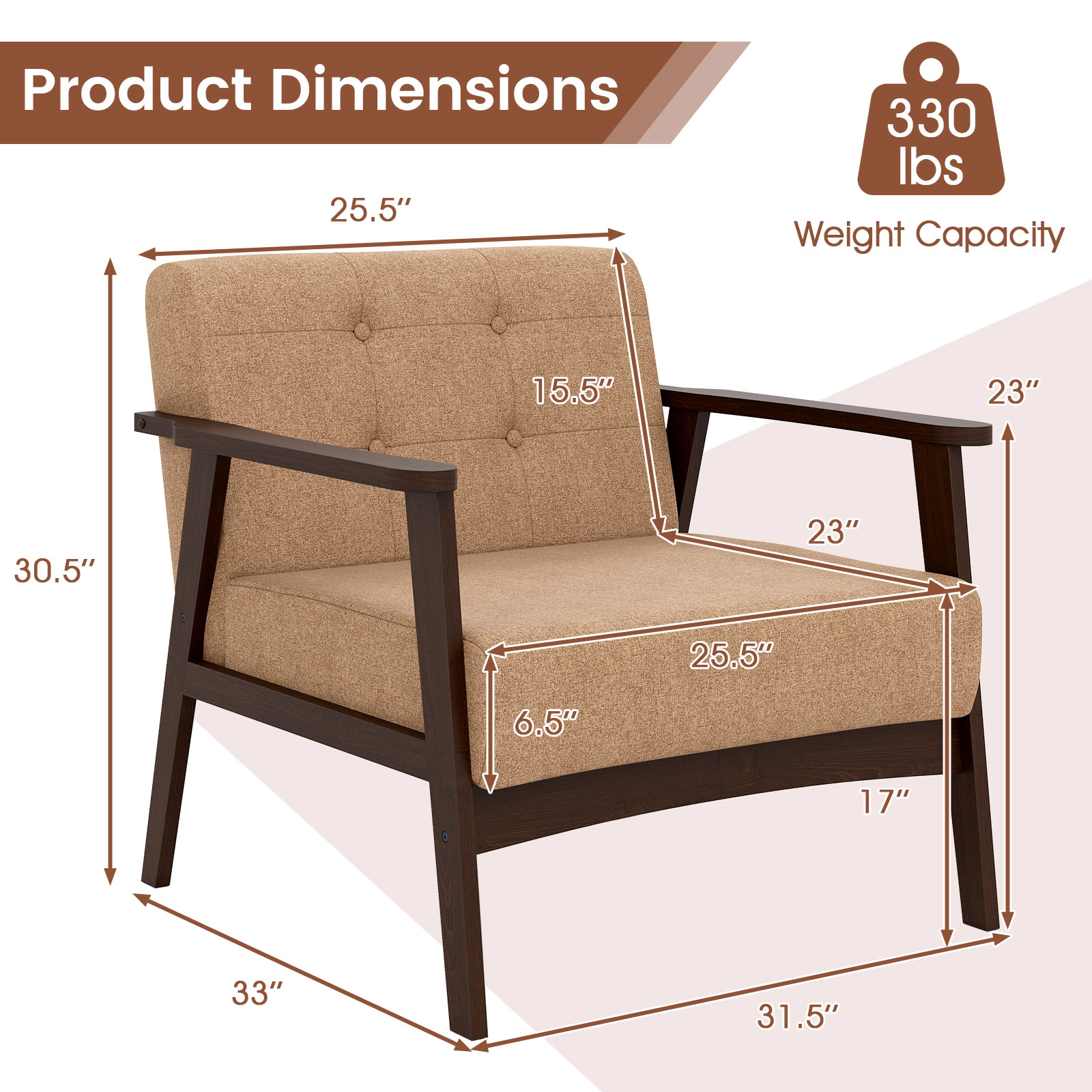 SUGIFT Rubber Wood Frame Accent Chair with Armrest 23-in Seat Depth 330-lb Capacity 1-Piece Beige