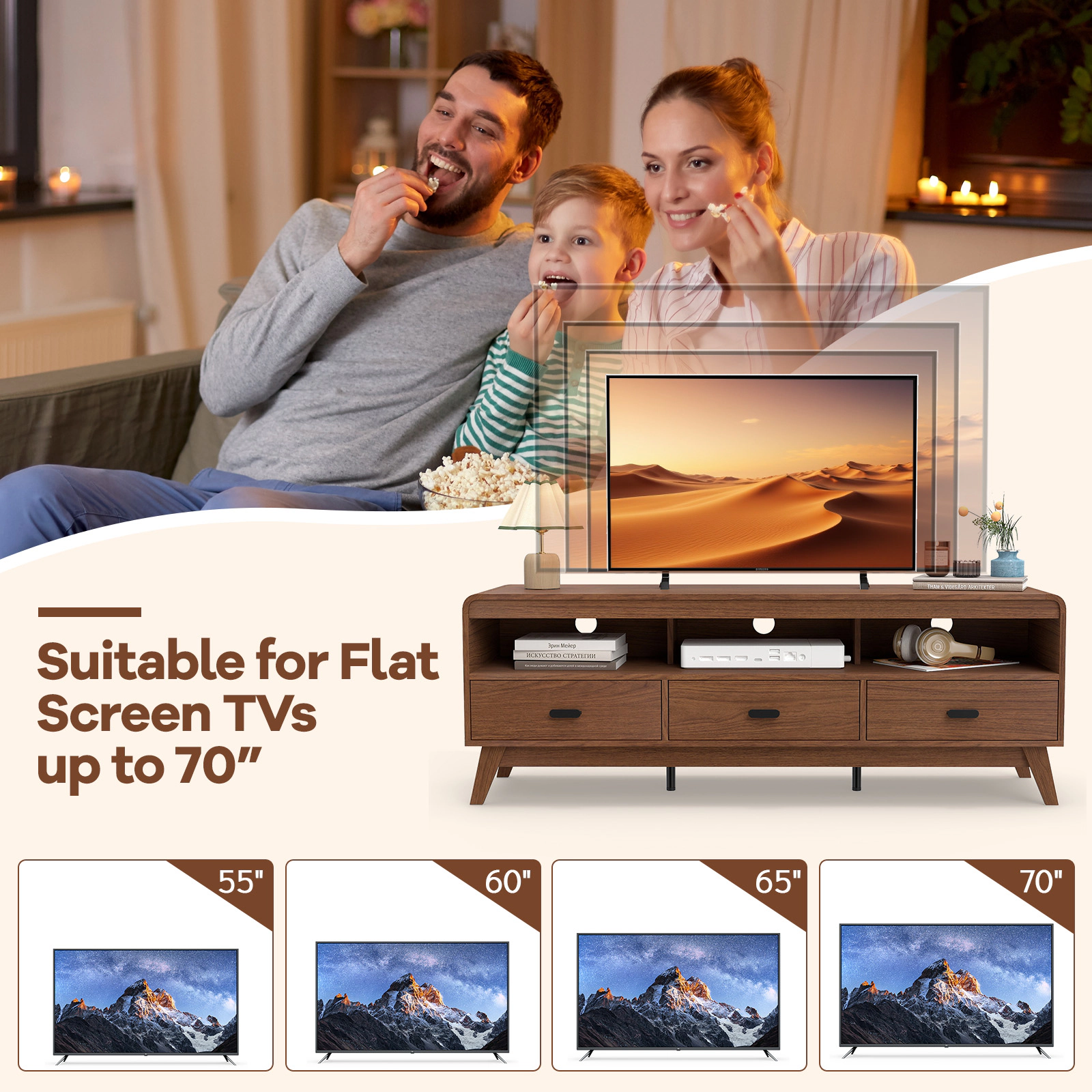 Glintex 59.5-Inch Mid-Century TV Stand with 3 Drawers and 3 Cable Holes, Walnut