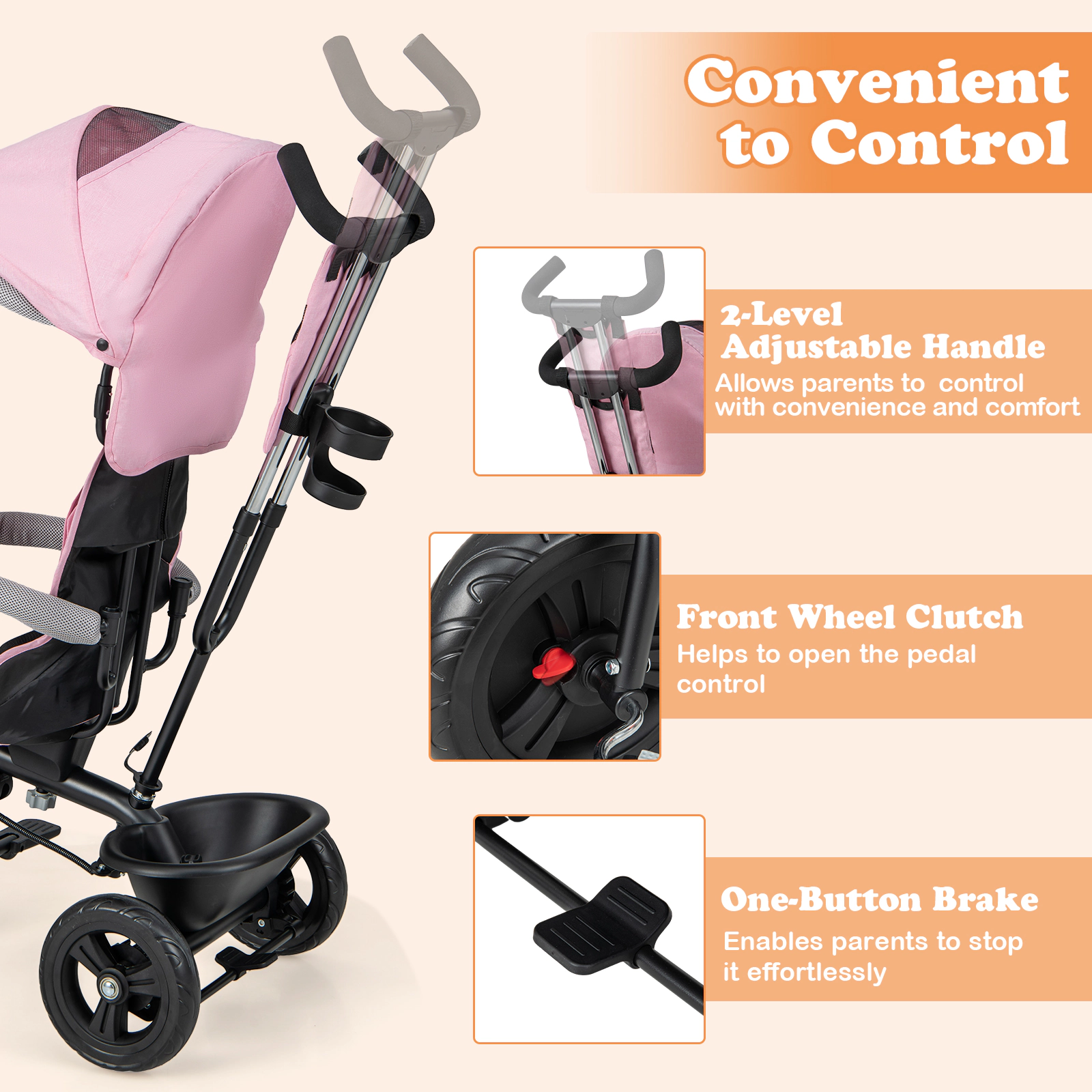 SUGIFT Pink 55-lb Capacity 4-in-1 Baby Trike Toddler Tricycle with Removable Canopy and Push Handle