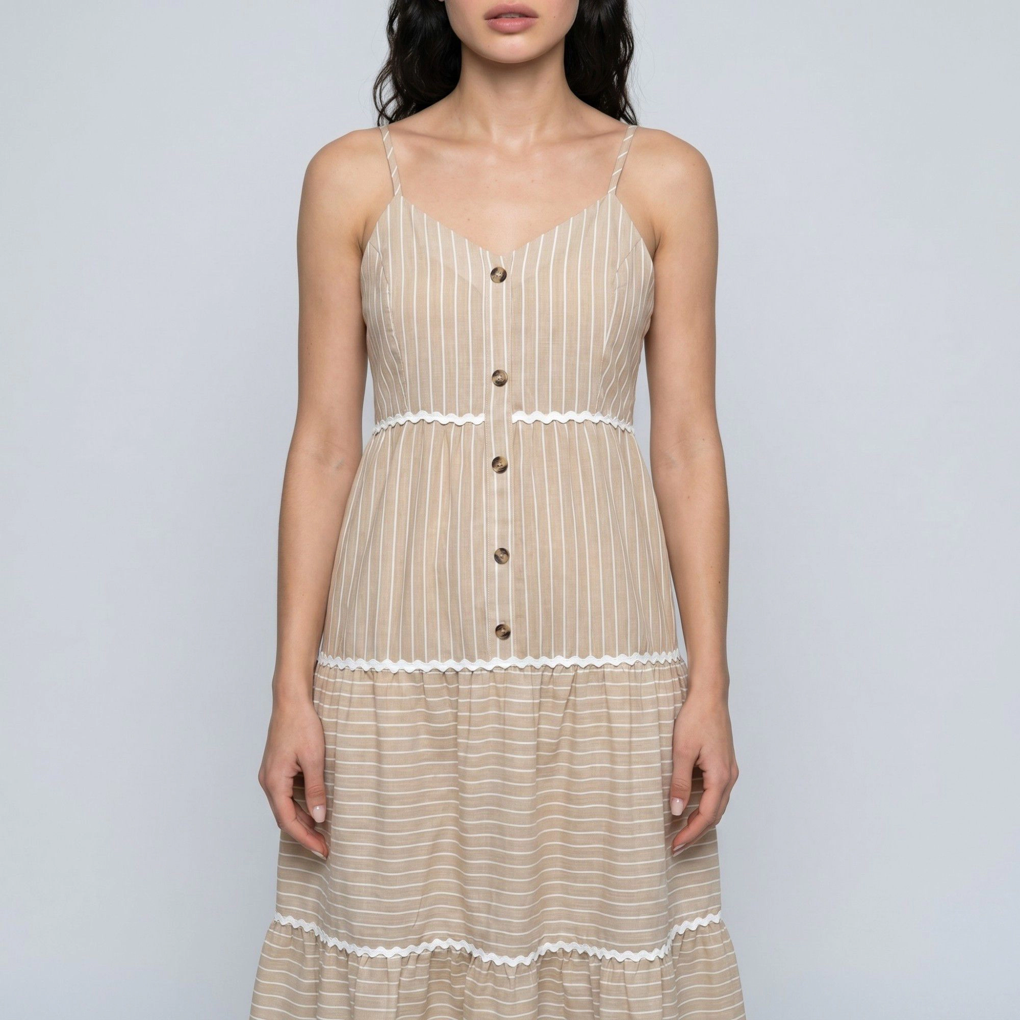 Anna-Kaci Women's Striped Spaghetti Strap Button Front Rickrack Trim Tiered Skirt A-Line Midi Dress