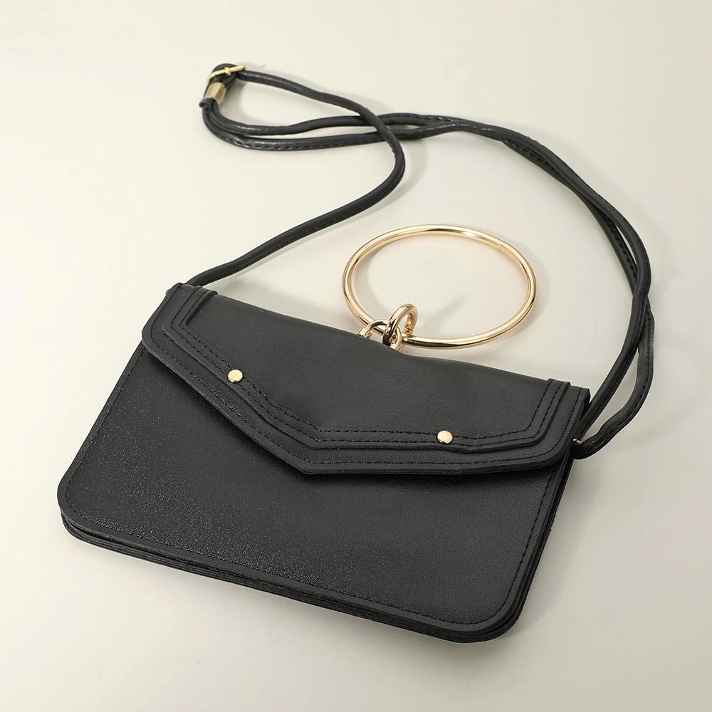 Fashnzfab Metal Ring Handle Faux Leather Mini Envelope Clutch Bag / Crossbody Bag