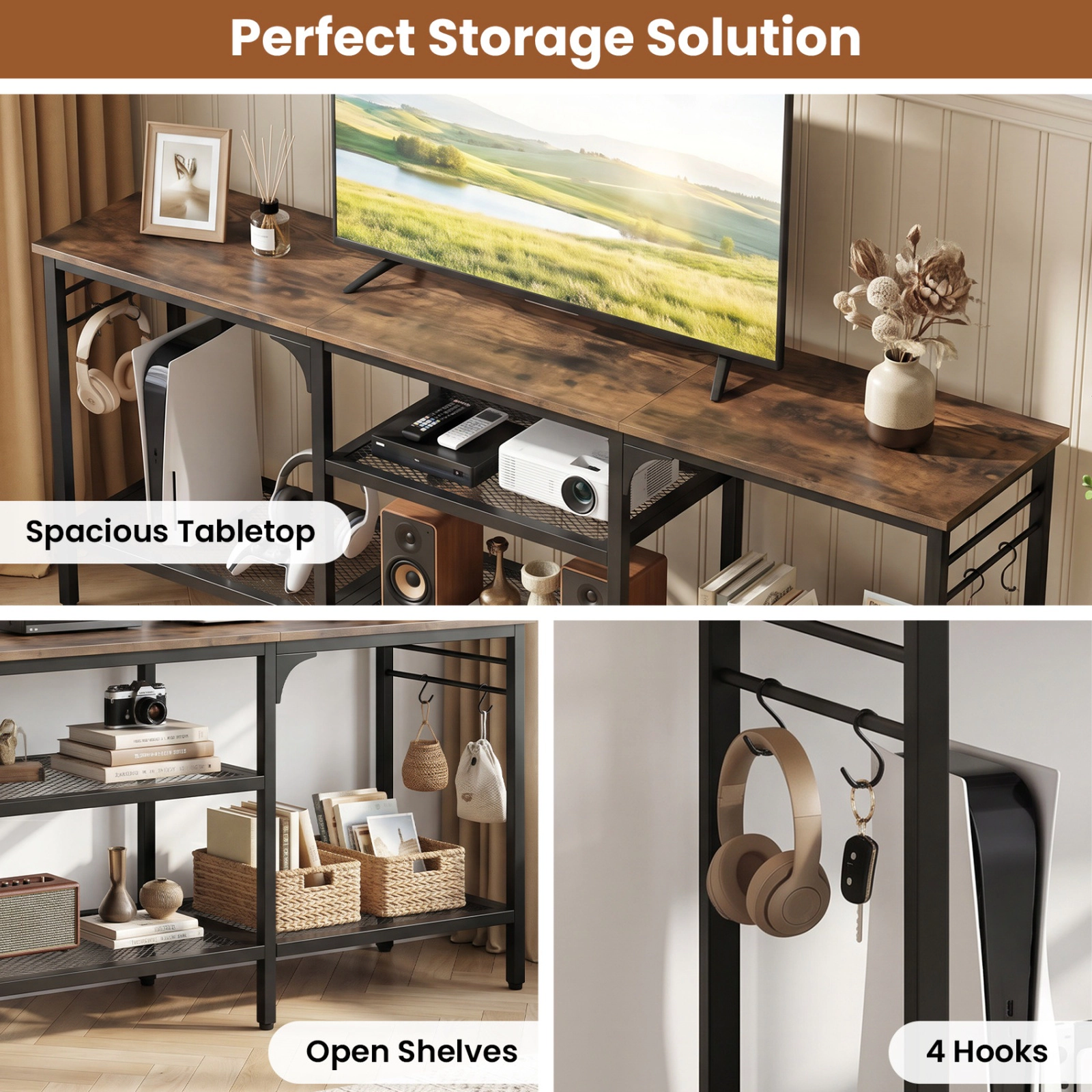 SUGIFT 55 in TV Stand Rustic Brown and Black with 3-Tier Mesh Shelves and 4 Hooks