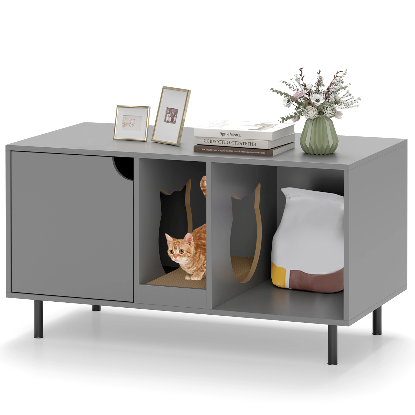 SUGIFT 40-in Cat Litter Box Enclosure Hidden Cat Washroom with Scratching Board for 2 Cats Black/White