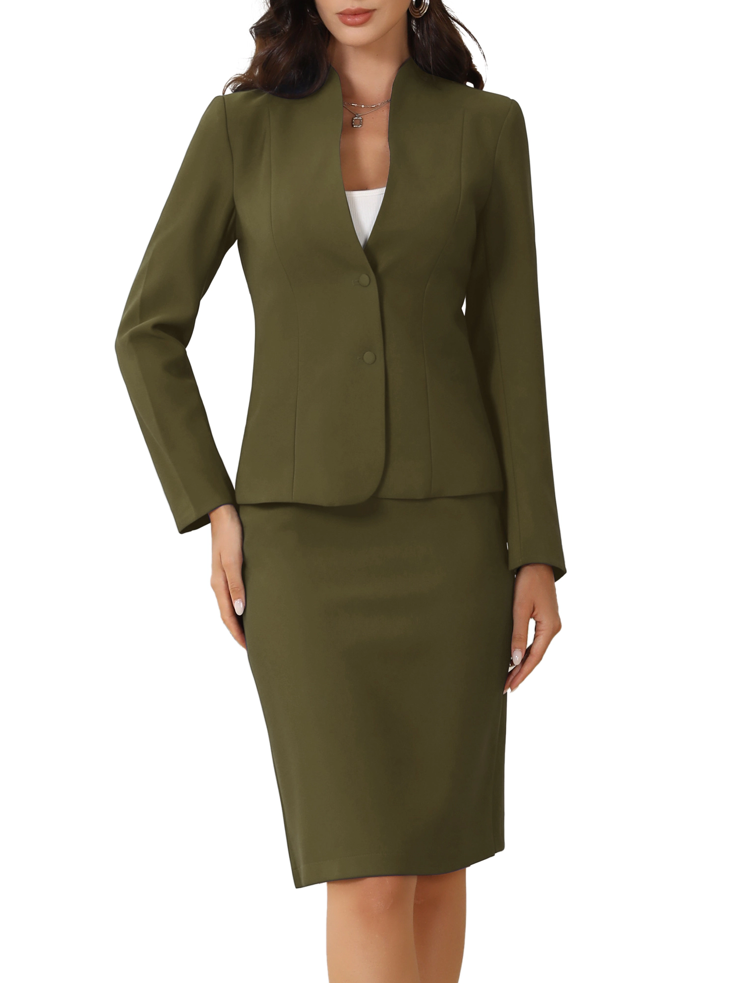 INSPIRE CHIC Women's Collarless Blazer and Pencil Skirt 2 Piece Suit Set