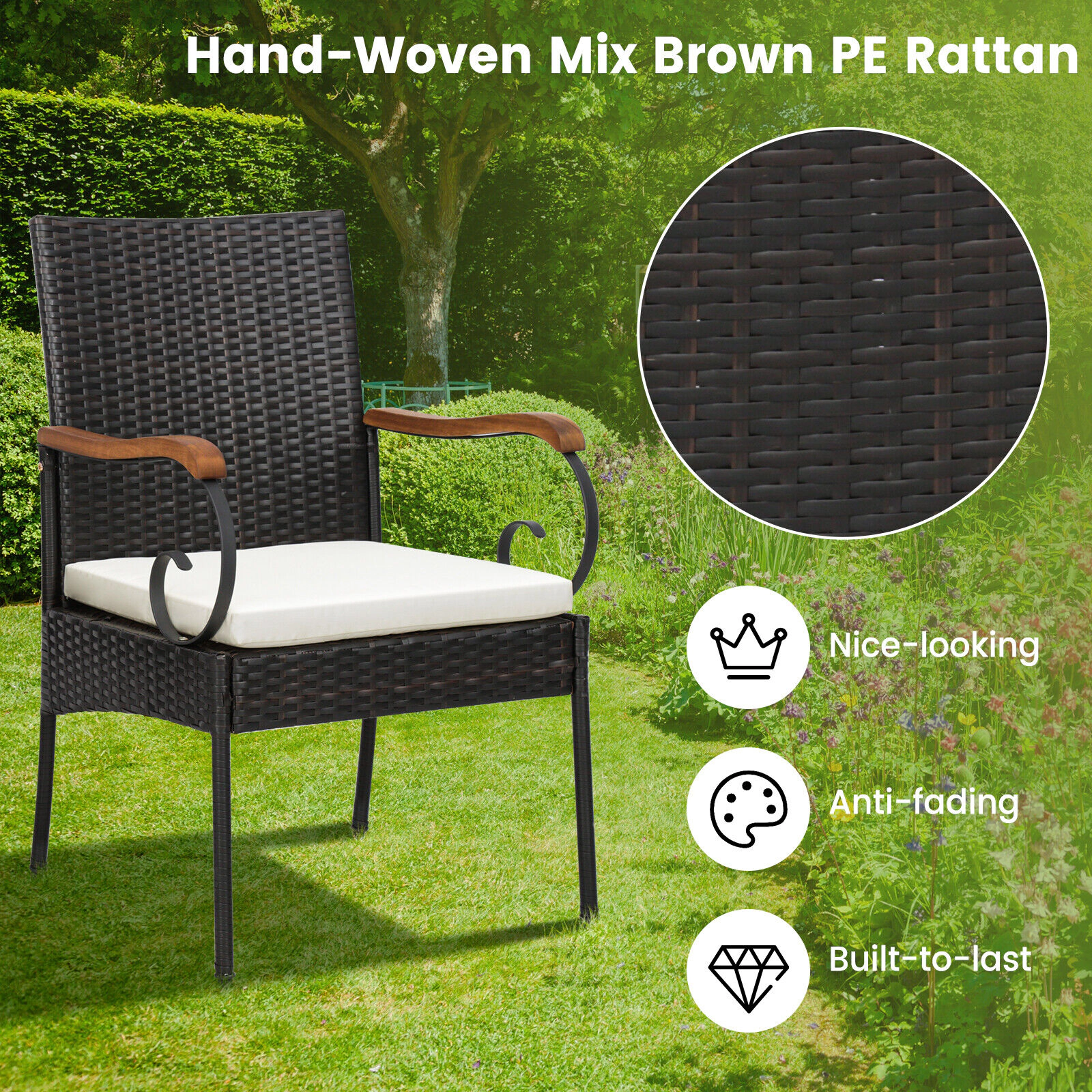 SUGIFT 7 Piece Patio Wicker Dining Set Natural with 63 in Table and 6 Cushioned Chairs