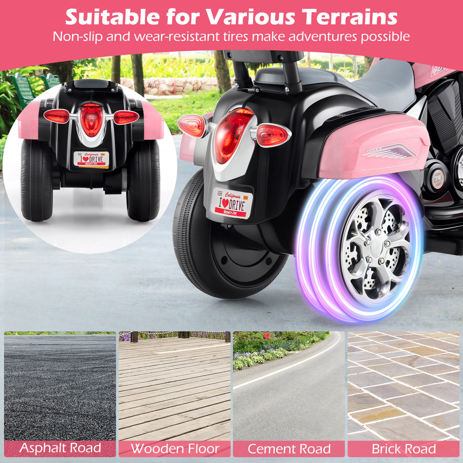 SUGIFT 6V Powered Toddler 3-Wheel Motorbike Ride On Toy with Horn and Headlight 66-lb Capacity Ages 3+ Heart Pink