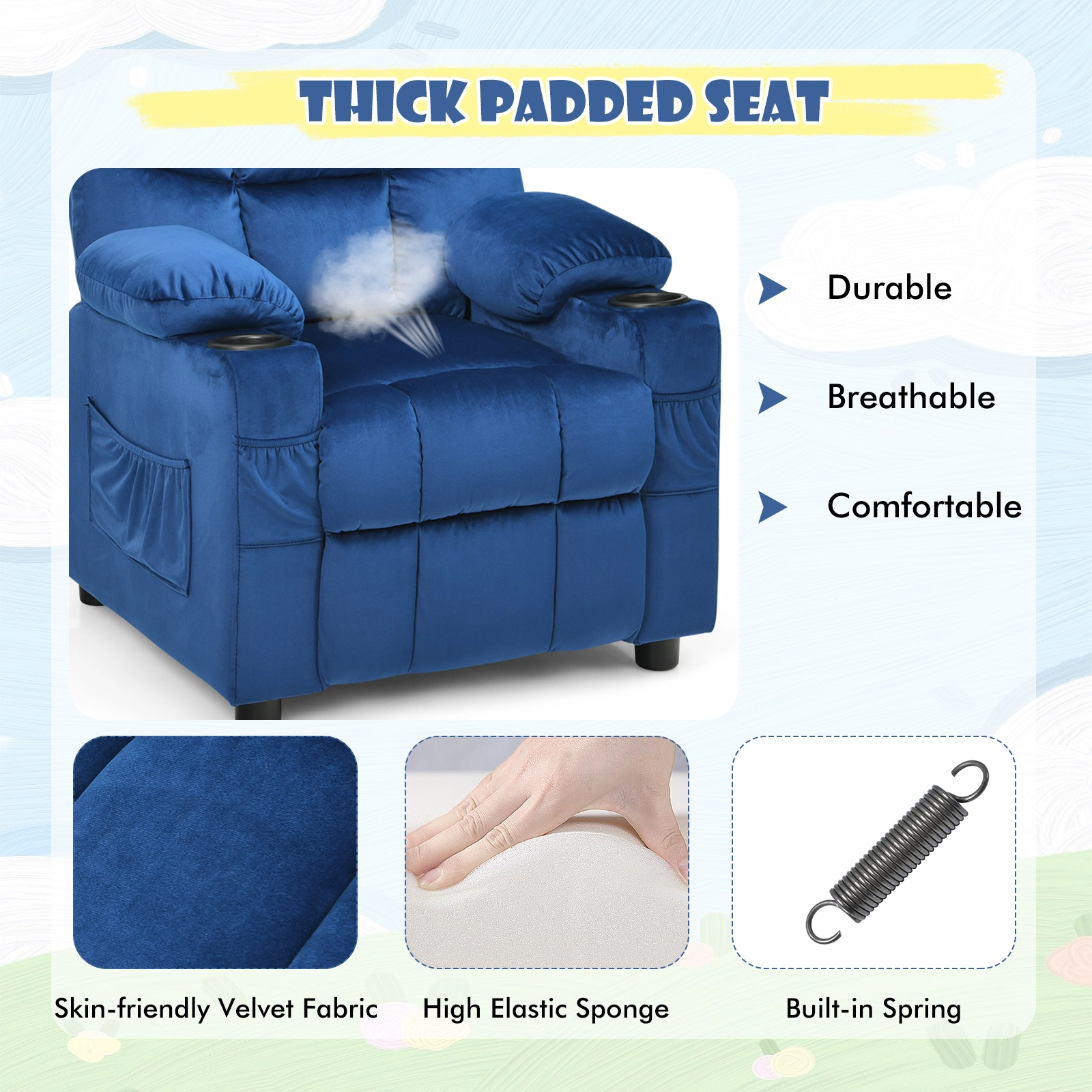 SUGIFT Light Blue Cup Holder and Retractable Footrest Velvet Kids Recliner Chair