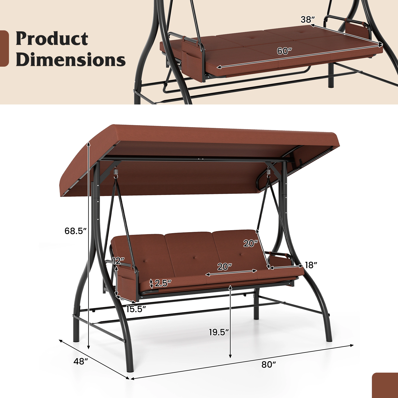 SUGIFT 3-Piece Brown Convertible Patio Swing Bed with Canopy