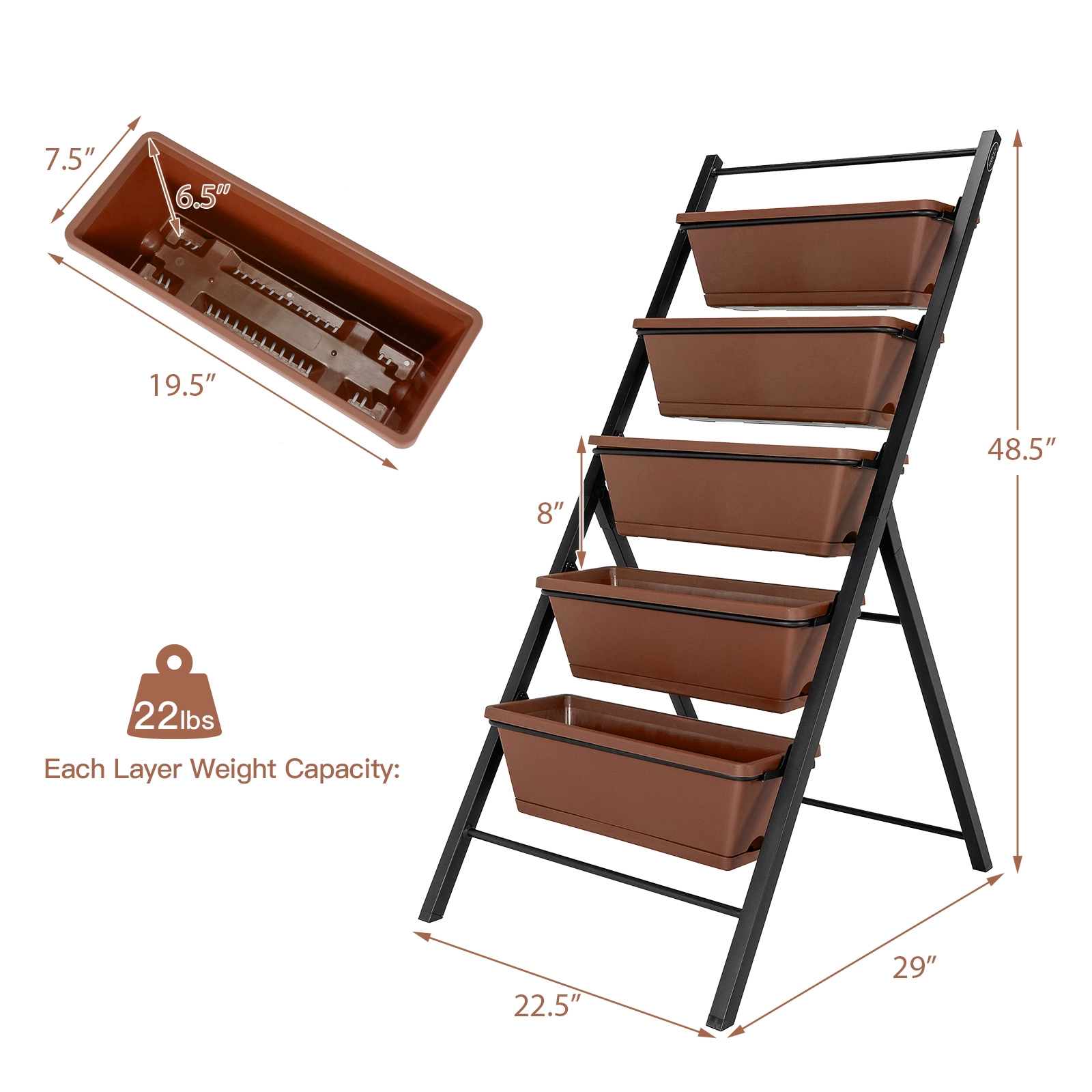 SUGIFT 5-Tier Vertical Garden Planter Box Elevated Raised Bed 22-lb Capacity Per Box Brown/Green