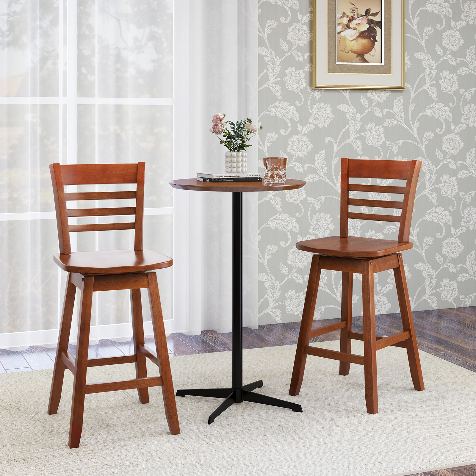 Glintex 2-Piece 24.5-Inch Swivel Counter Stool Set with Reclined Hollow Back, Walnut