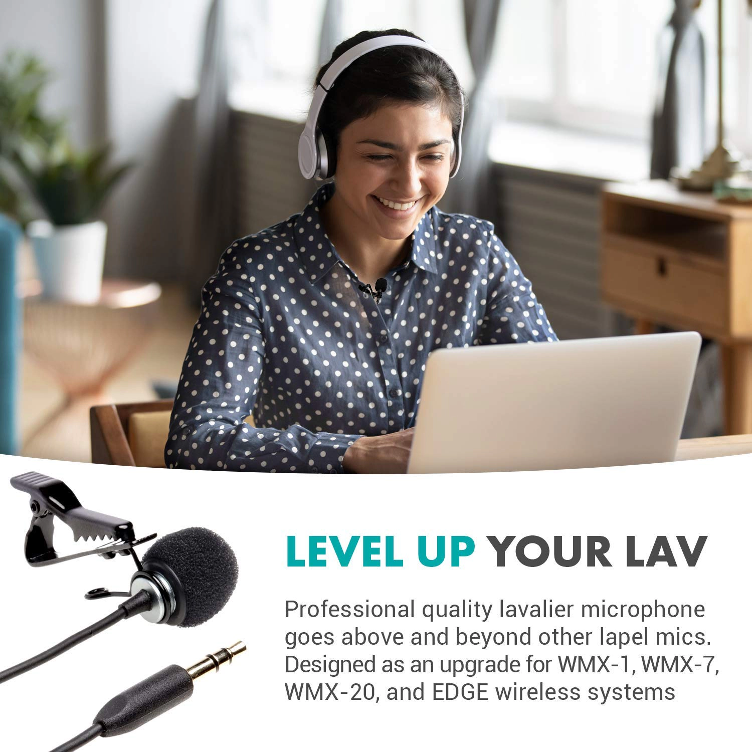 Movo WMX-LAV Lavalier Microphone for The WMX-1, WMX-7, WMX-20 and Edge Wireless Systems - Lav Mic with 75" 3.5 TRS
