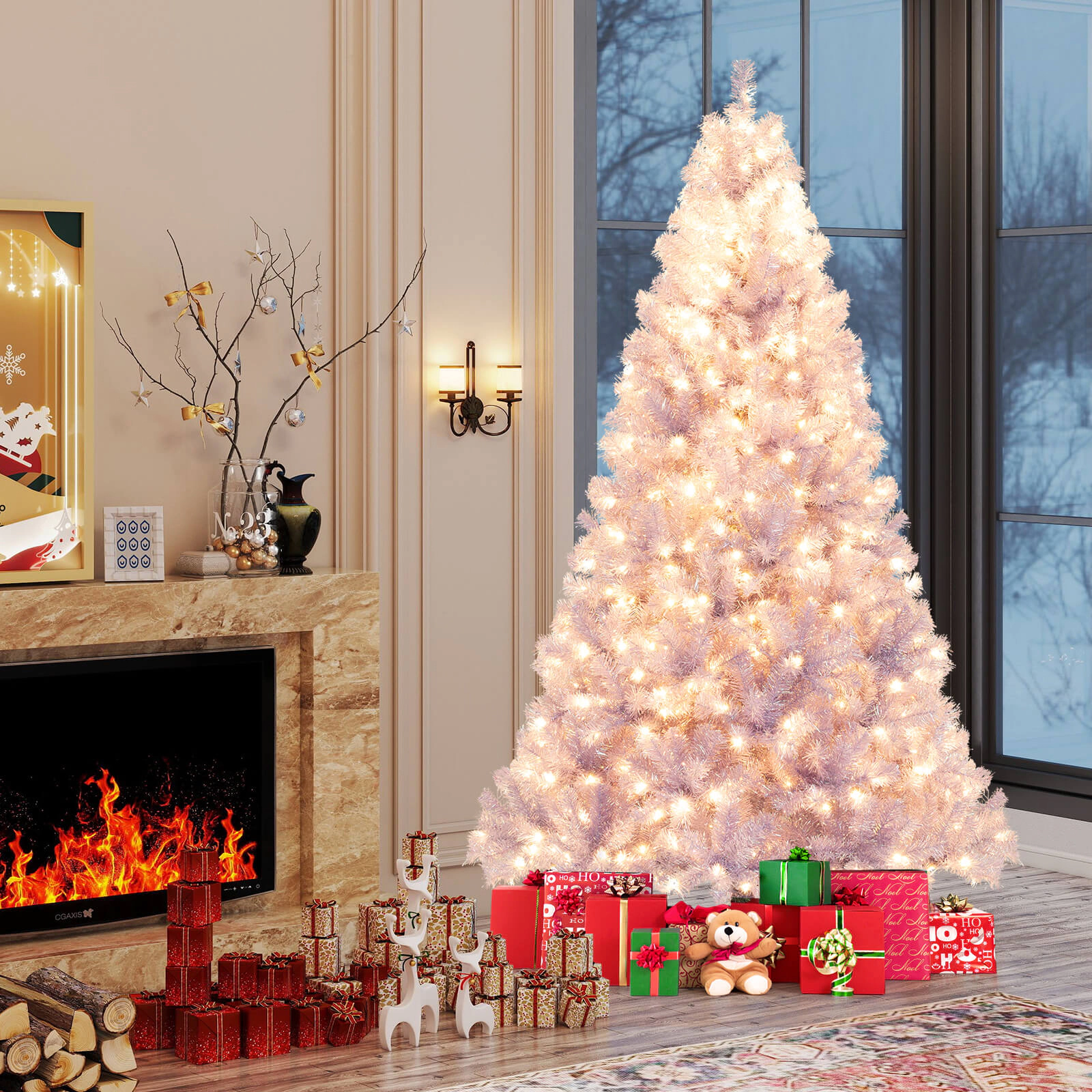 SUGIFT White Pre-Lit Tinsel Artificial Christmas Tree with 1300 Branch Tips 550 Warm White LEDs and 8 Modes