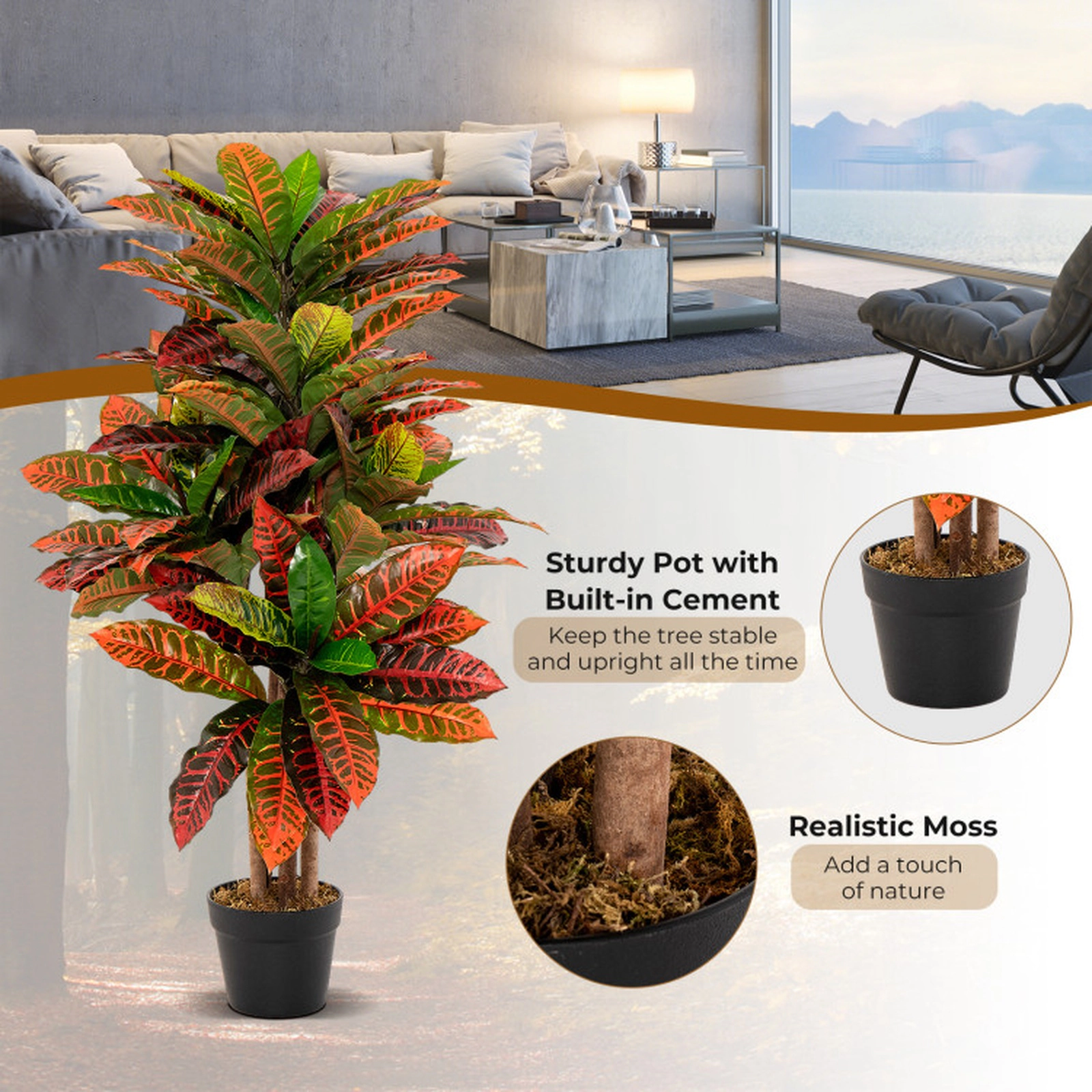 SUGIFT 40-in Tall Artificial Croton Palm Tree with 71 Colorful Variegated Leaves and Cement-Filled Pot