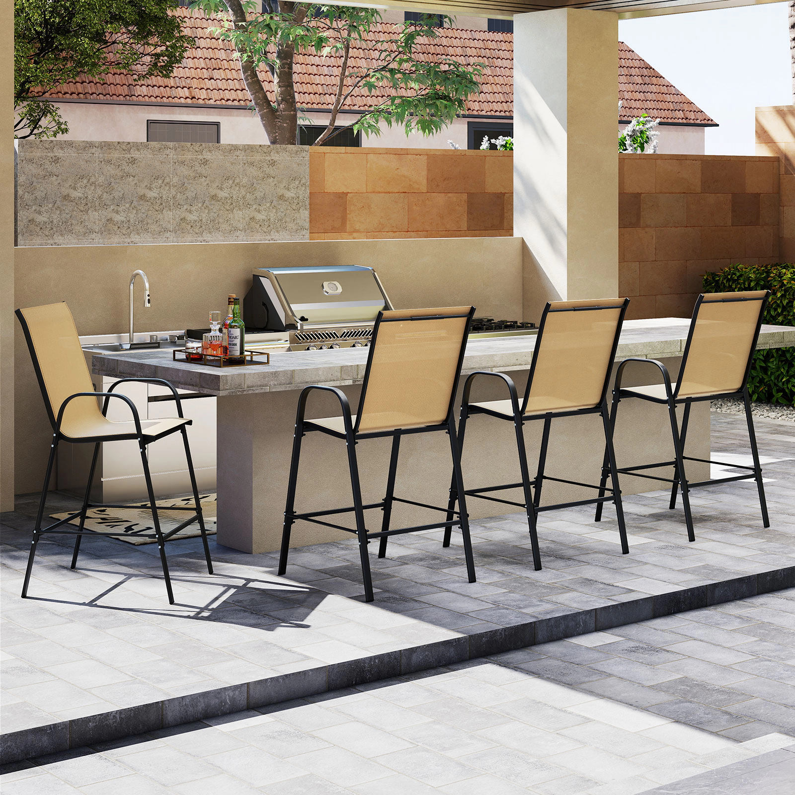 SUGIFT Outdoor Fabric Bar Height Stool Set of 2 with Armrests 29-in Seat Height 330-lb Capacity Beige Bar Set