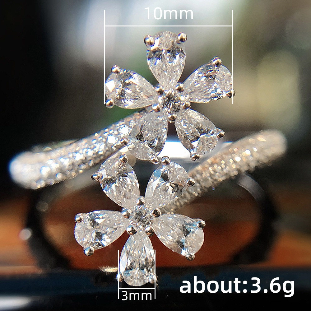 Rhinestone Flower Ring for Women Adjustable Cubic Zirconia Cocktail Ring