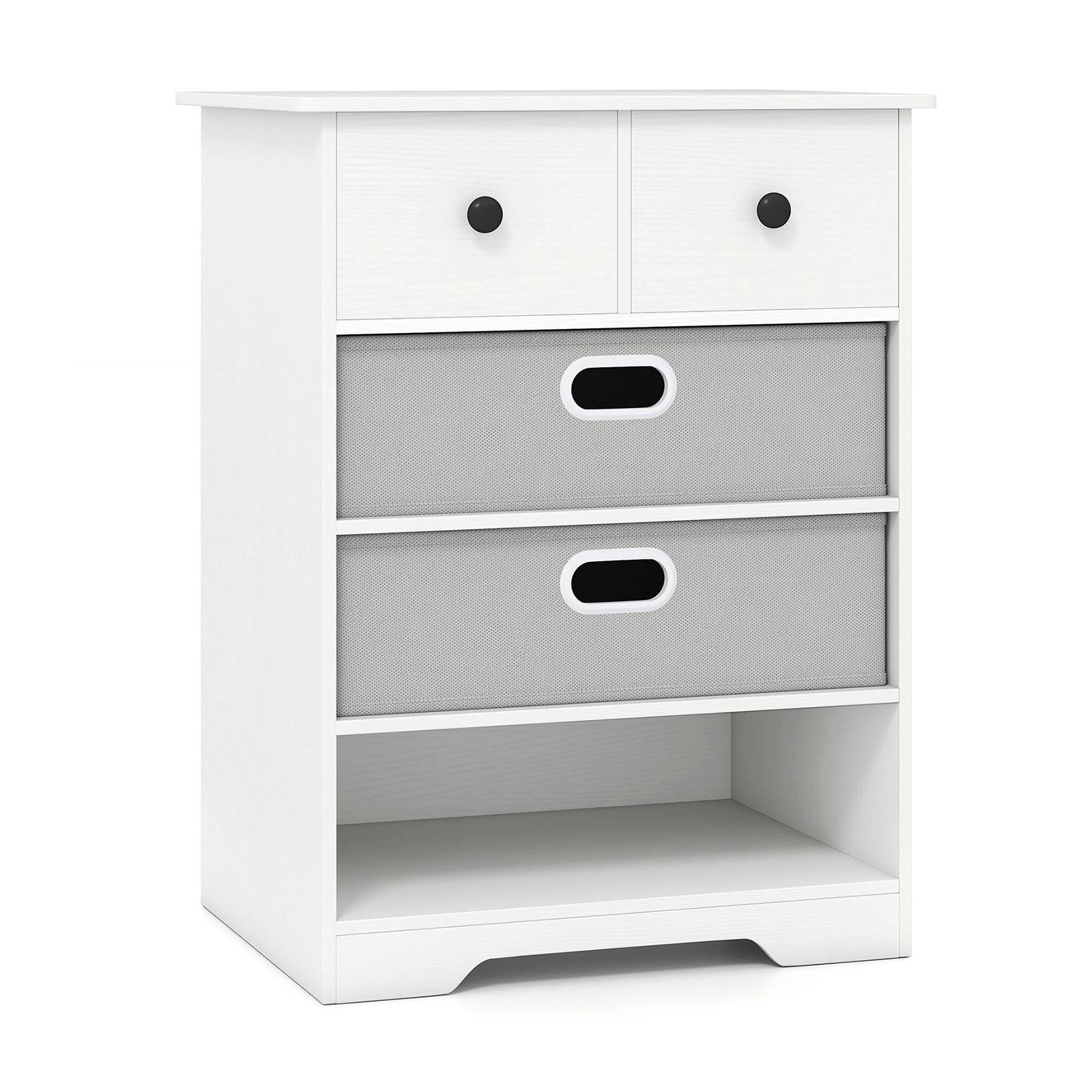 SUGIFT White Fabric Bins and Open Display Shelf 4-Drawer Dresser Chest