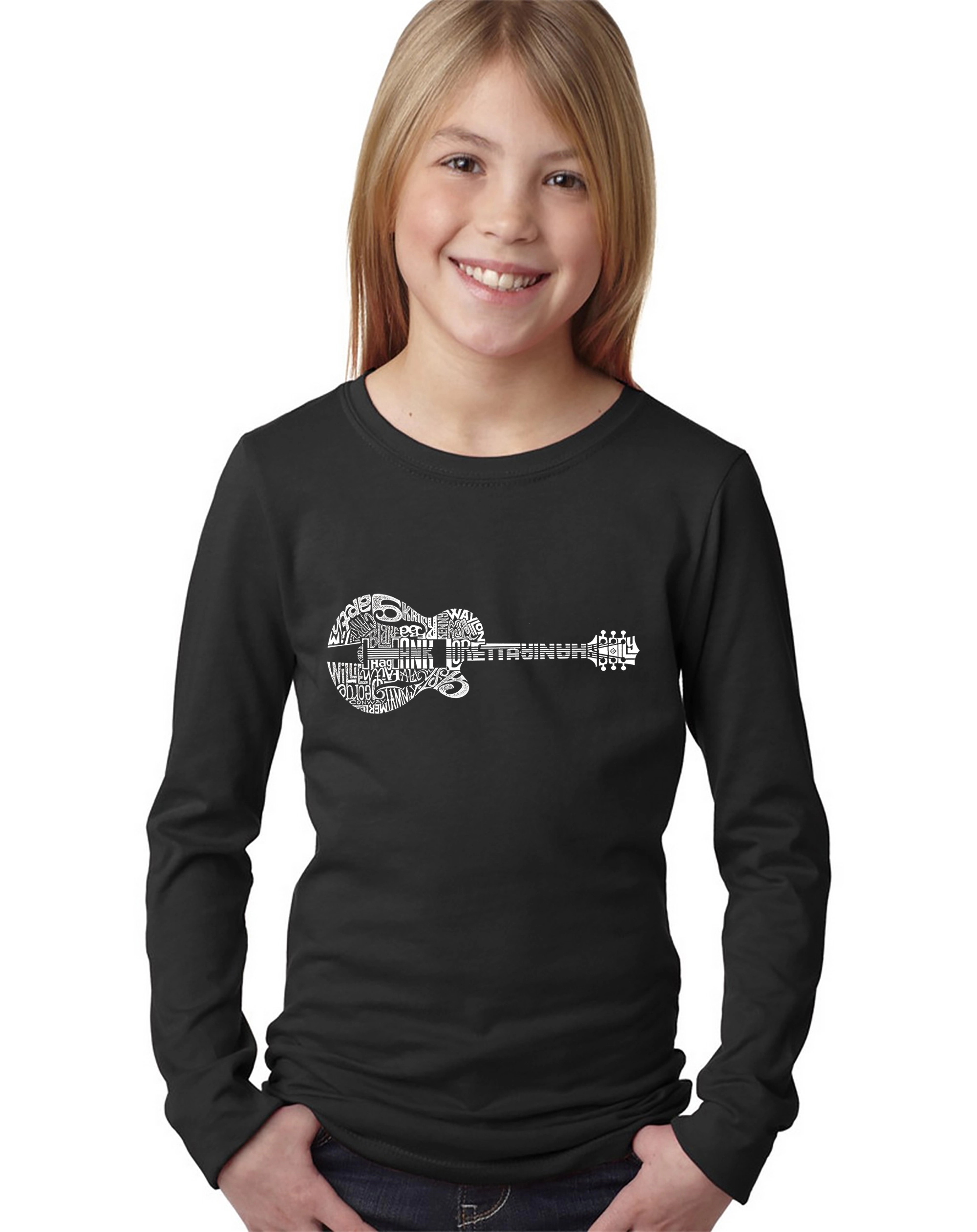 LA Pop Art Girls Long Sleeve Word T-Shirt - Country Guitar