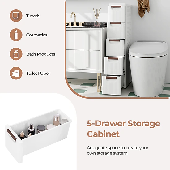 SUGIFT 5-Drawer Rolling Storage Cabinet Organizer Built-In Wheels 11-lb Top Capacity 16.5-in Wide White/Multicolor