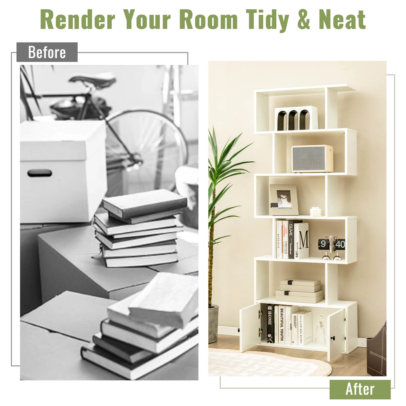 SUGIFT White 6-Tier S-Shaped Freestanding Bookshelf with Cabinet and Doors