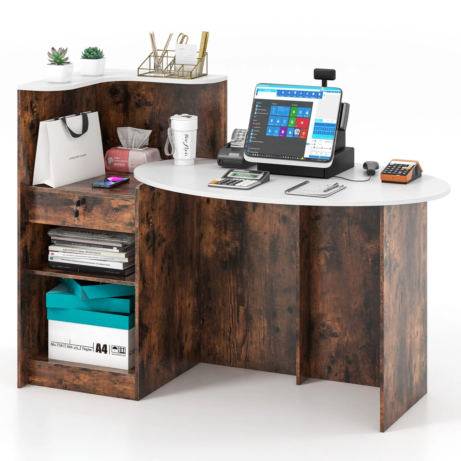 SlickBlue Office Reception Desk With Oval Tabletop Storage