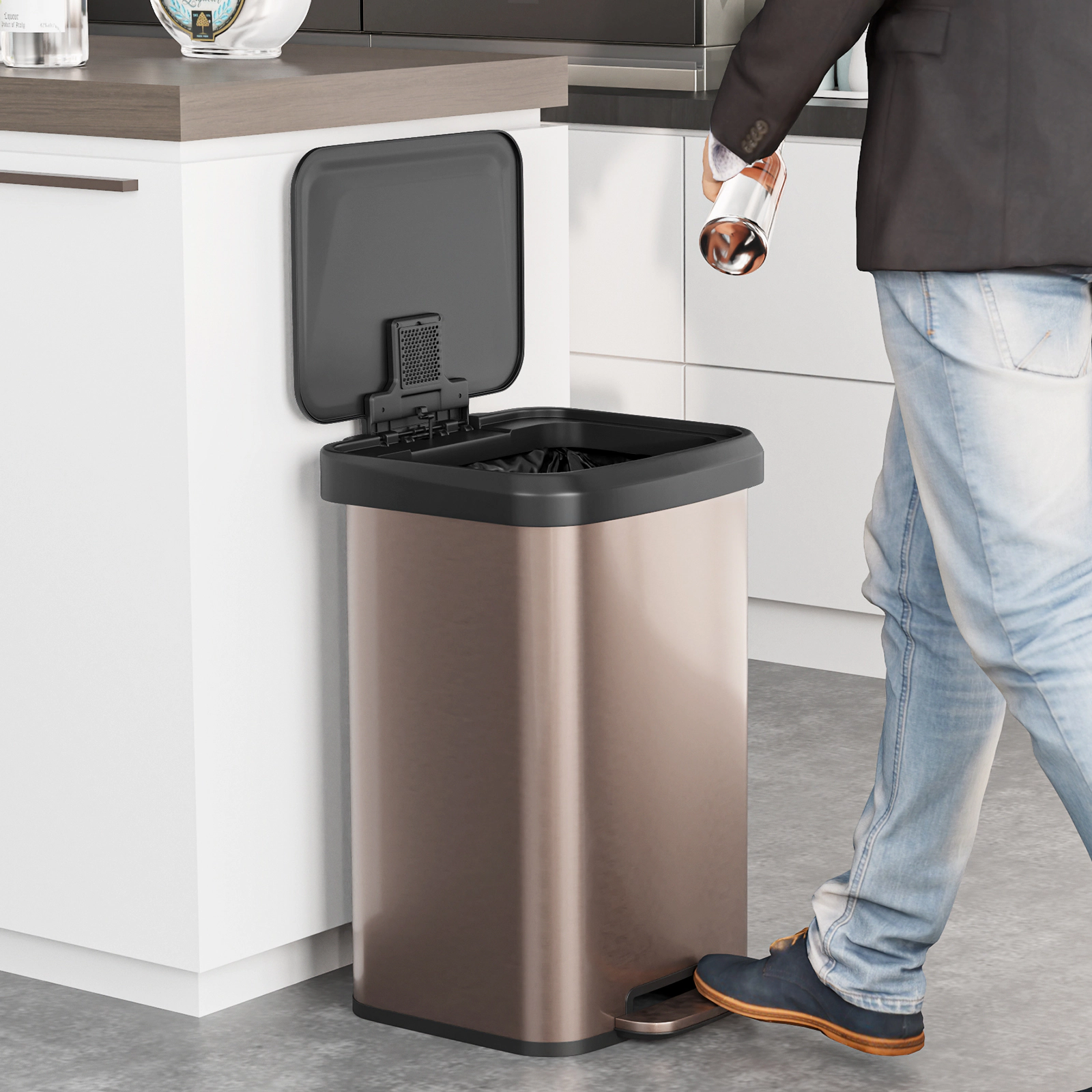 SUGIFT 13-Gal Step Pedal Soft-Close Lid Deodorizer Compartment Trash Can 16.5-in x 15.5-in x 24-in 35-in Open Golden