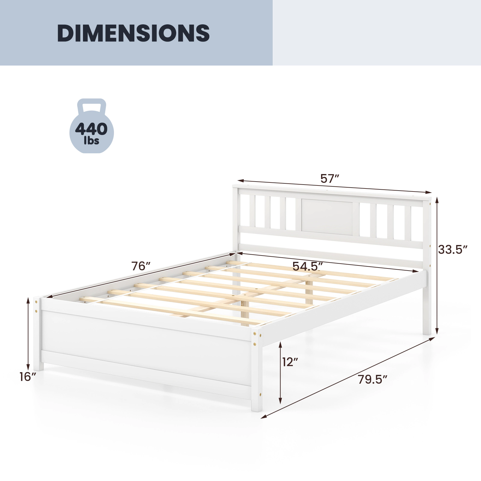 SUGIFT White Slat Headboard and Wood Slat Support Full Size Wooden Platform Bed