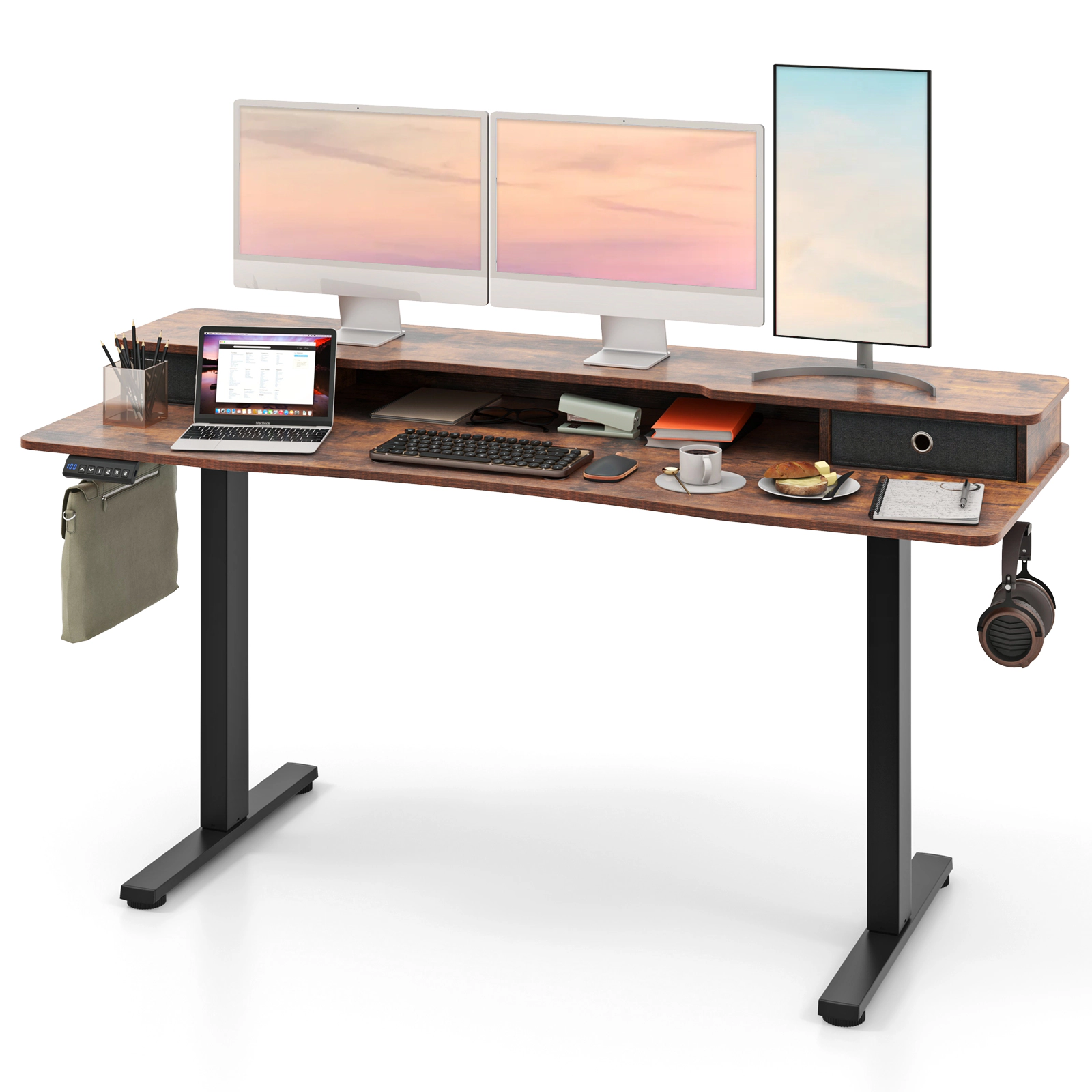 SUGIFT 63 x 24 Inch Electric Standing Desk with 2 Drawers and Monitor Shelf
