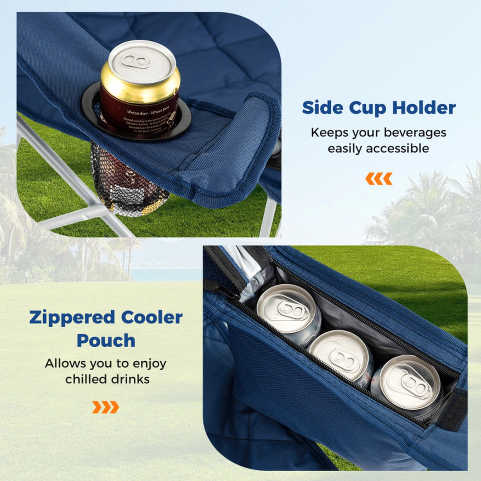 SUGIFT Oversized Folding Camping Chair with Cooler Pouch and Cup Holder 500-lb Capacity 38-in Tall Navy Gray, 1 Chair