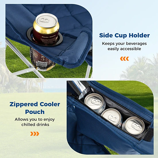 SUGIFT Oversized Folding Camping Chair with Cooler Pouch and Cup Holder 500-lb Capacity 38-in Tall Navy Gray, 1 Chair