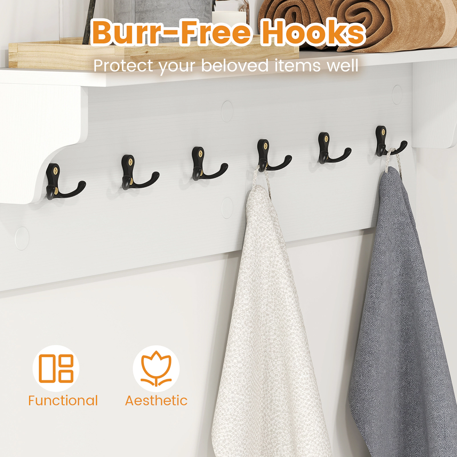 SUGIFT 31.5-in Wooden Wall Mounted Coat and Hat Rack with Display Shelf and 6 Hooks for Towels and Robes