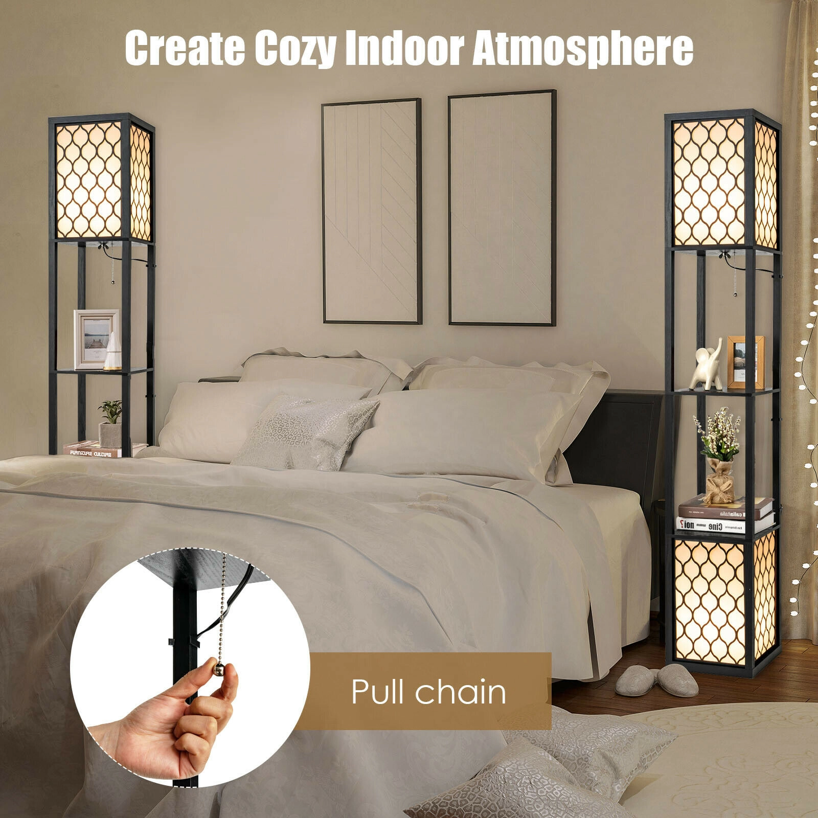SUGIFT 2-Light 2-Tier Shelf Pull Chain Foot Switch Floor Lamp 10-in x 10-in x 62-in 60W Max E26 Bulbs Black