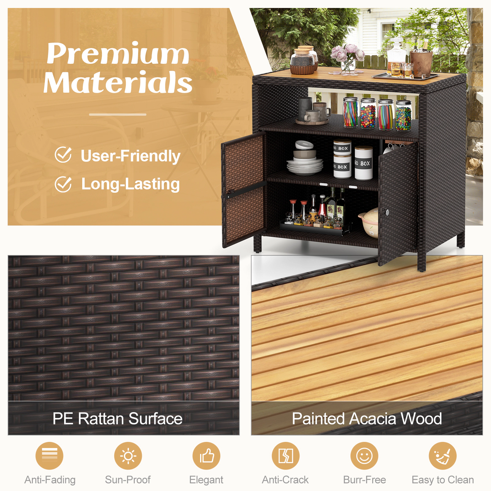 Glintex 35.5-Inch Outdoor Rattan Cabinet with Acacia Wood Countertop, Mixed Brown + Natural