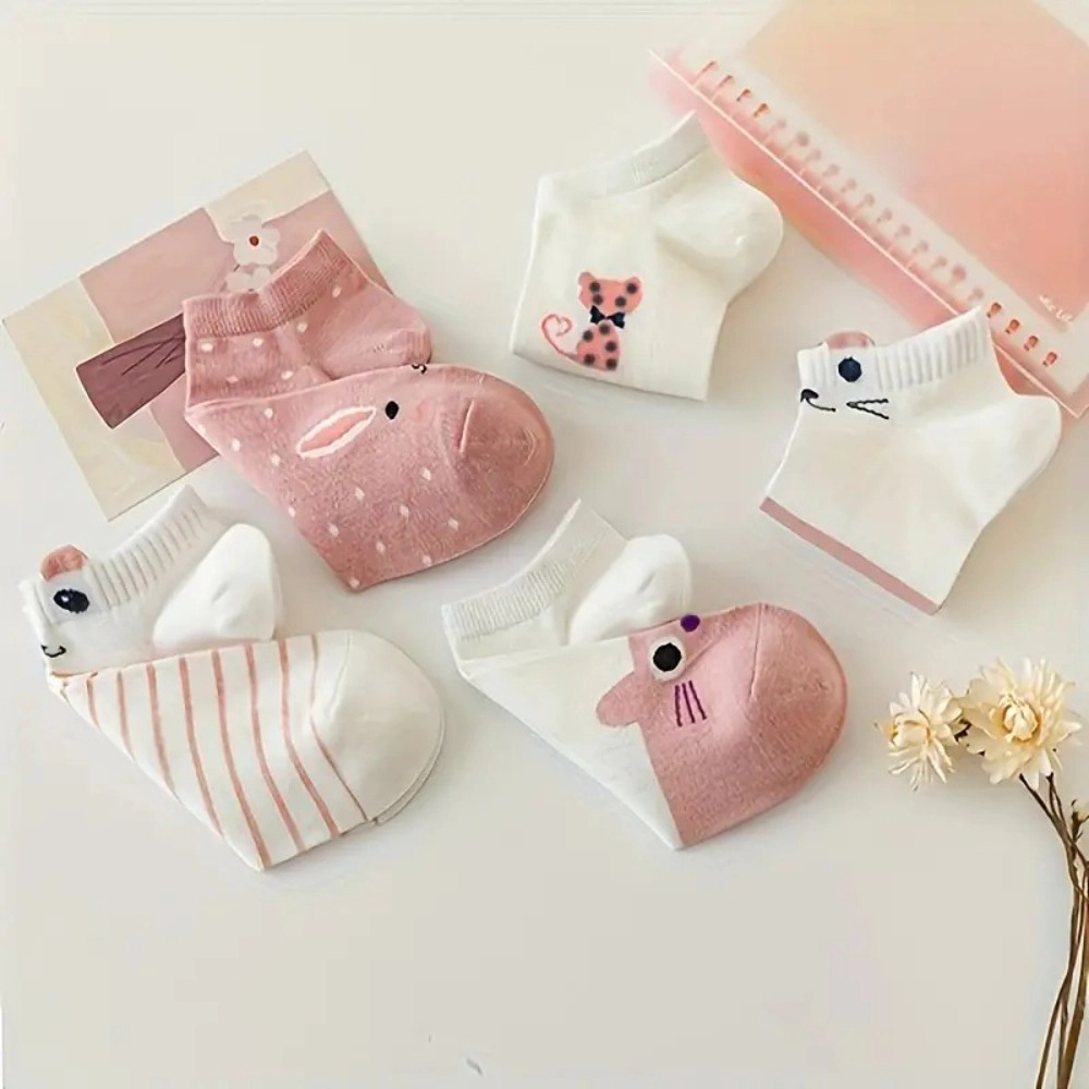 5 Pairs Cute Pink Women's Low Cut No Show Boat Socks