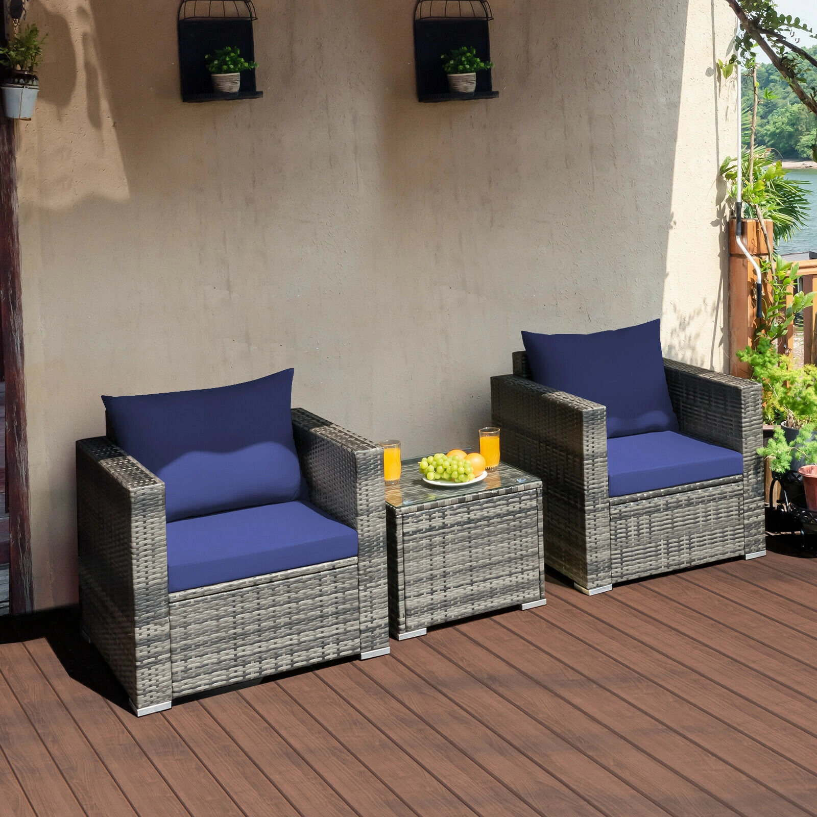 SUGIFT 3-Piece Gray Rattan Patio Sofa Set with 2 Cushioned Chairs and Lift-Out Glass Coffee Table