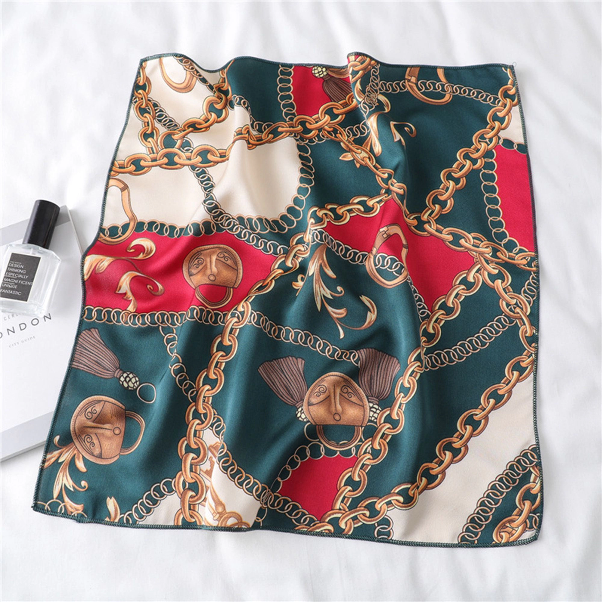 Anna-Kaci Women's Chain Print Satin Scarf with Luxury Inspired Design 20×20 Inches