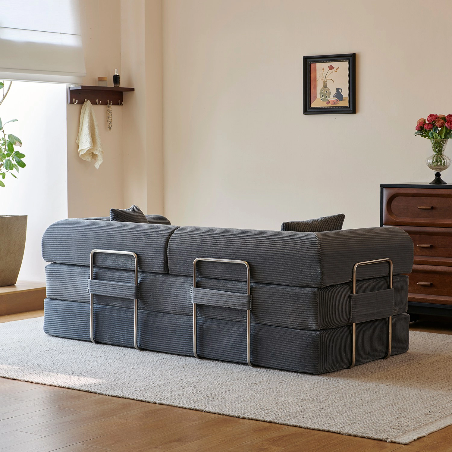 GBruno 3-Seat Convertible Corduroy Floor Sofa Bed