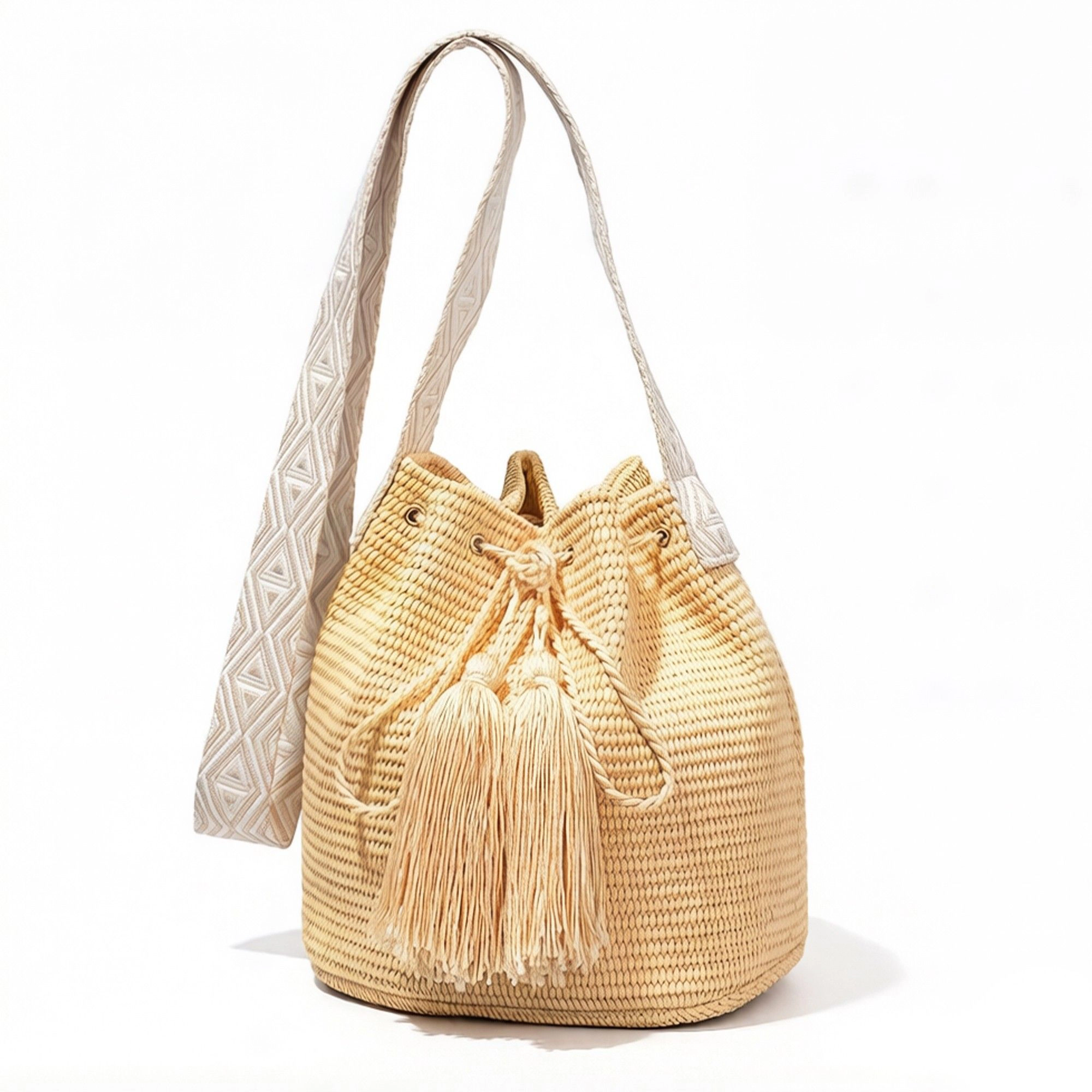 Alilang Women's Woven Crochet Bucket Bag with Drawstring Closure Tassel Detail Pattern Strap Shoulder Handbag