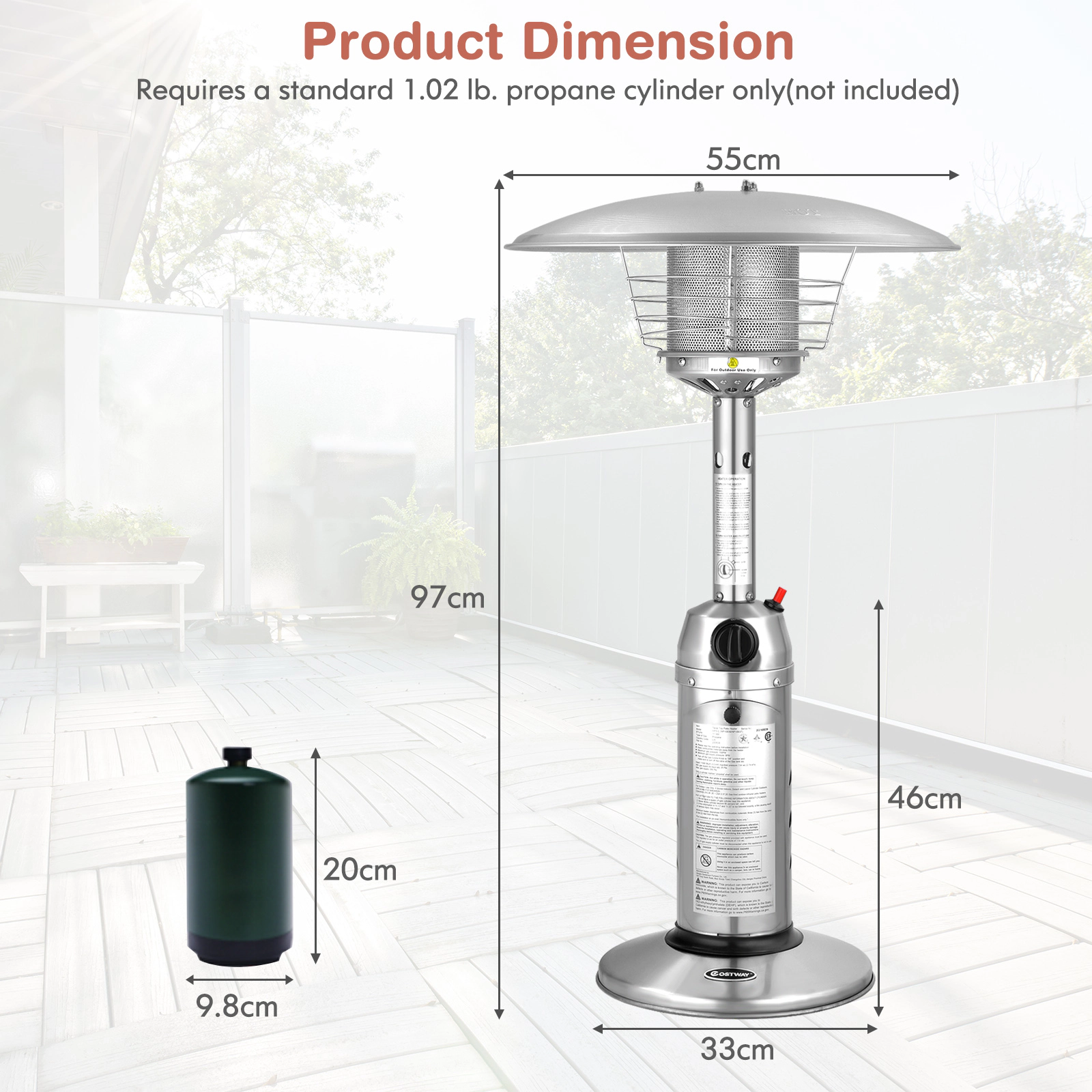 SUGIFT 13,000 BTU Tabletop Standing Propane Heater Steel Aluminum Body Uses 1.02-lb Propane Tank Black/Silver